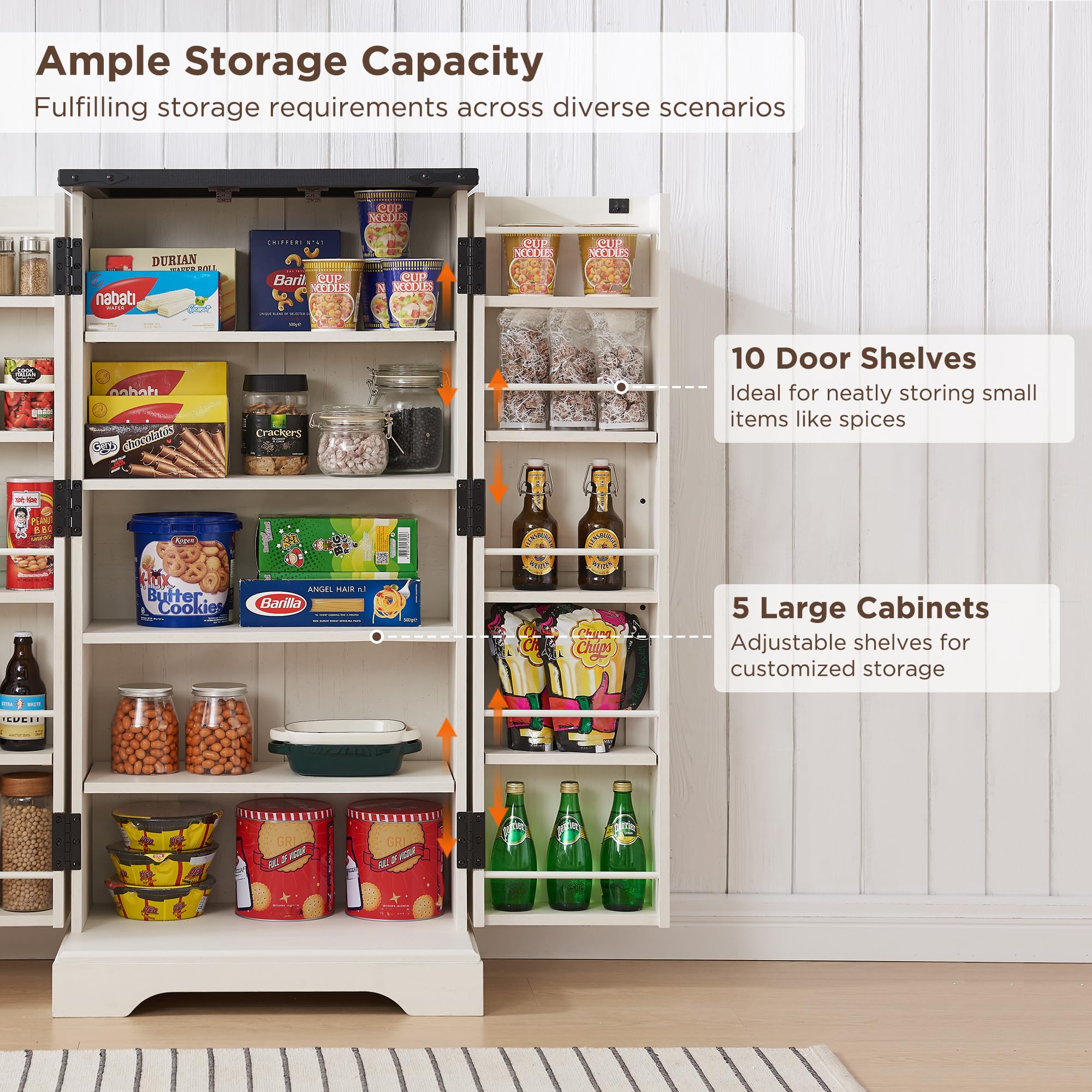 ACCOHOHO 47" Kitchen Pantry, Farmhouse Storage Cabinet with Barn Doors, Organizer and Adjustable Shelves, Rustic Wood Cupboard for Kitchen, Dining Room, Bathroom and Hallway, Off White