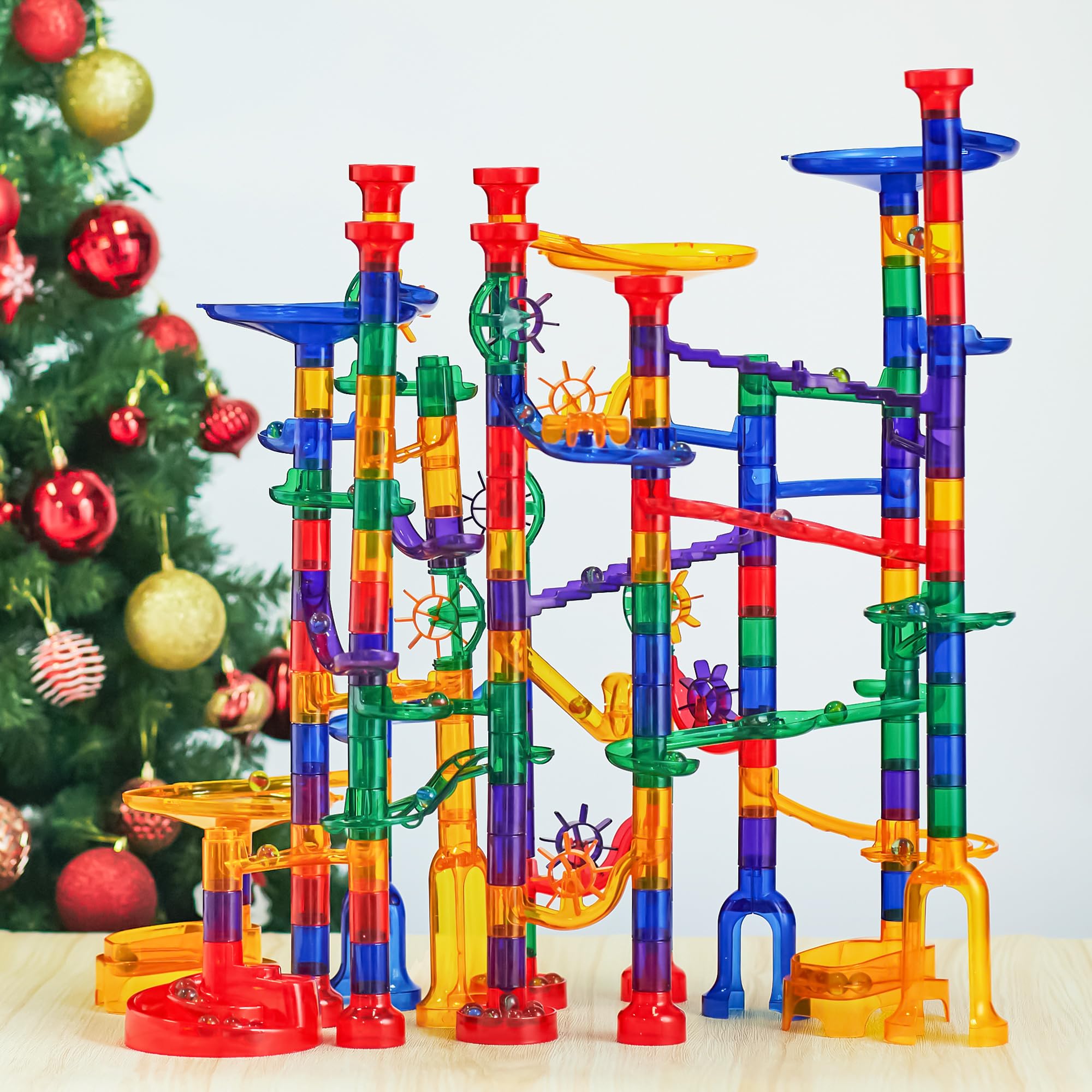 JOYIN 207Pcs Glowing Marble Run, Construction Building Blocks Toys with 5 Glow in The Dark Glass Marbles, STEM Toy for Boys and Girls, Educational Toy(147 Plastic Pieces + 60 Glass Marbles)