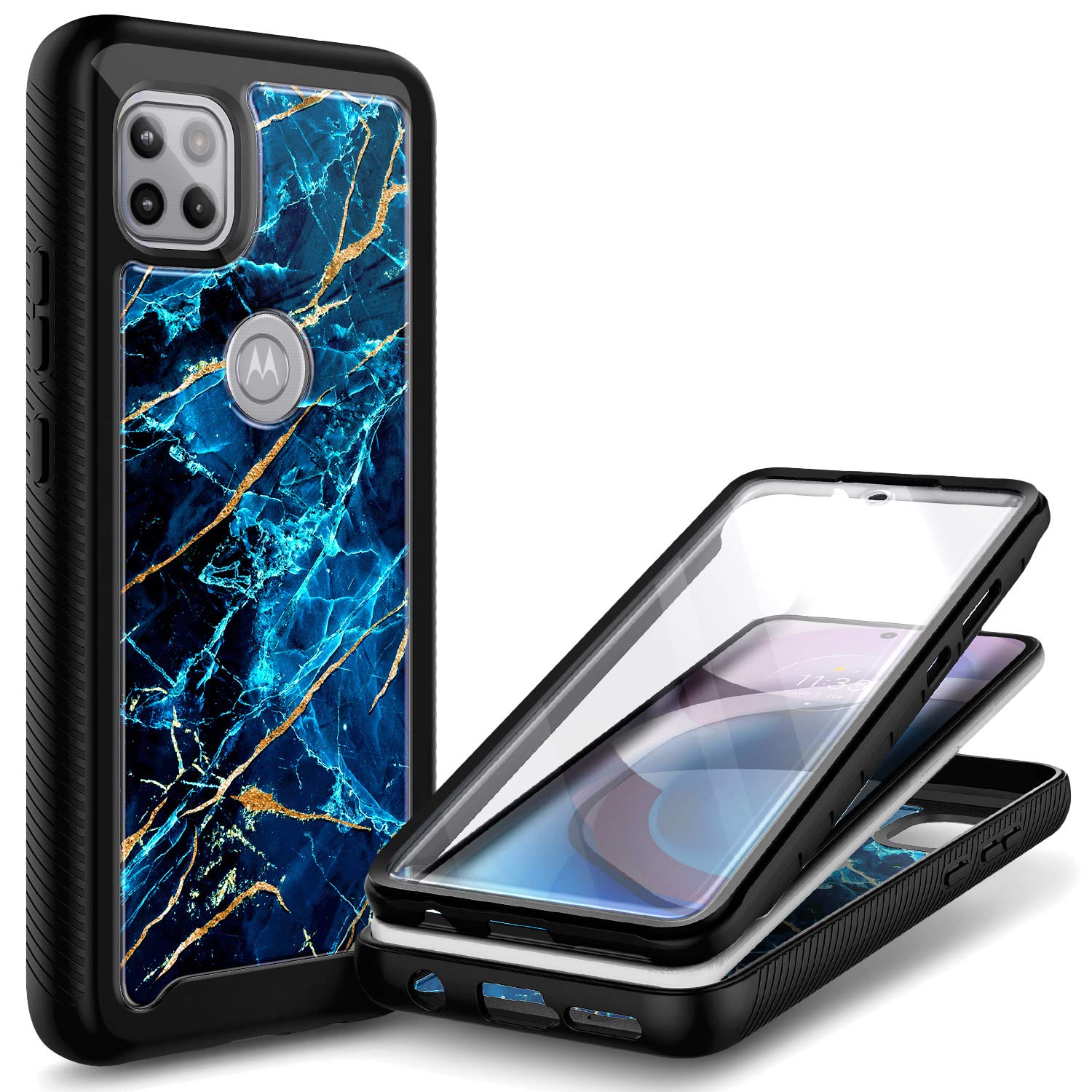 NZND for Motorola One 5G Ace (One 5G UW Ace) Case with Built-in Screen Protector, [16FT Military Grade Drop Tested] Full-Body Protective Shockproof Rugged Bumper Case (Marble Design Sapphire)