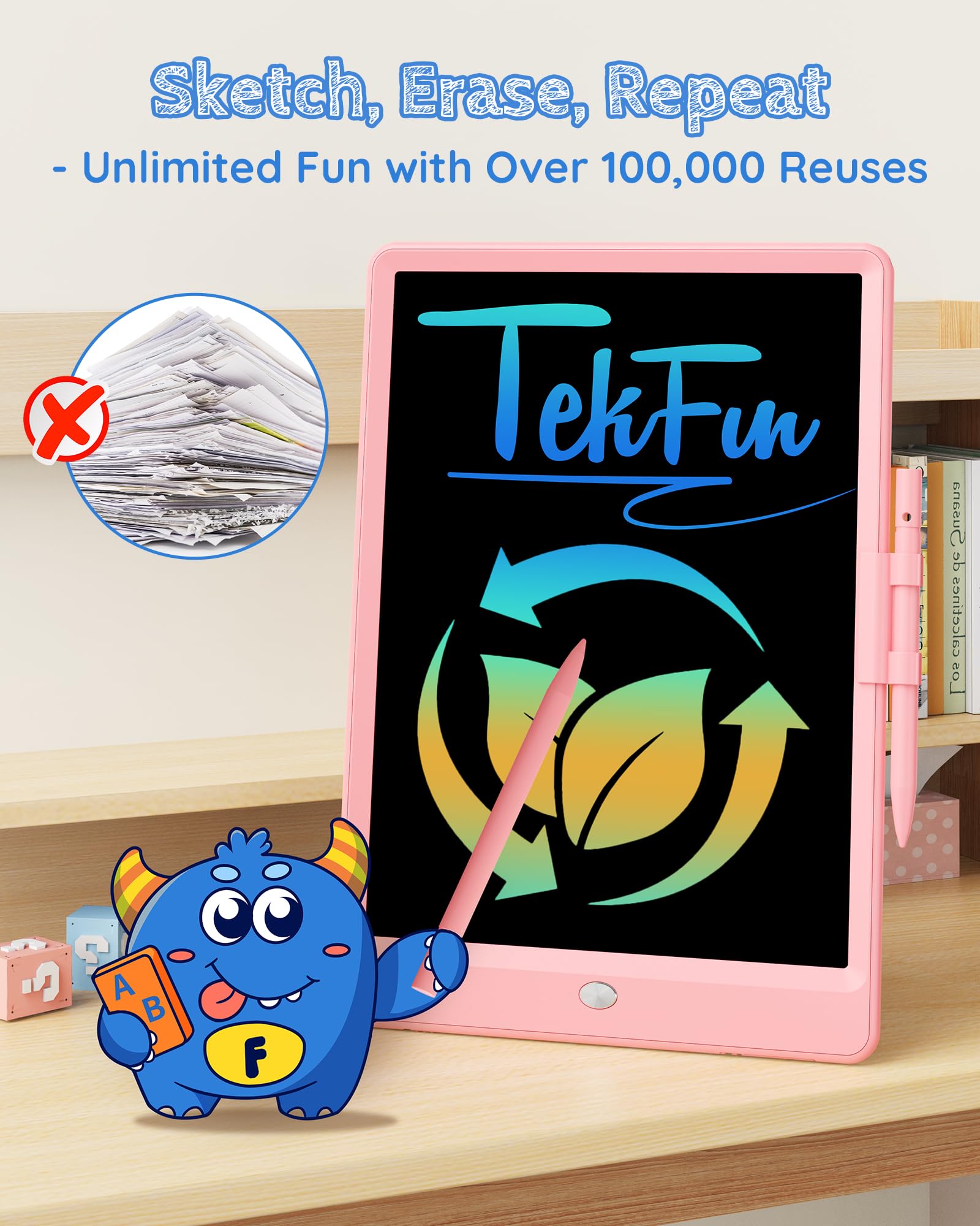 TEKFUN LCD Writing Tablet Doodle Board, 10inch Colorful Drawing Pad for Kids, Mess Free Coloring for Toddlers, Toys Gifts for 3 4 5 6 7 8 Year Old Girls Boys (Pink)