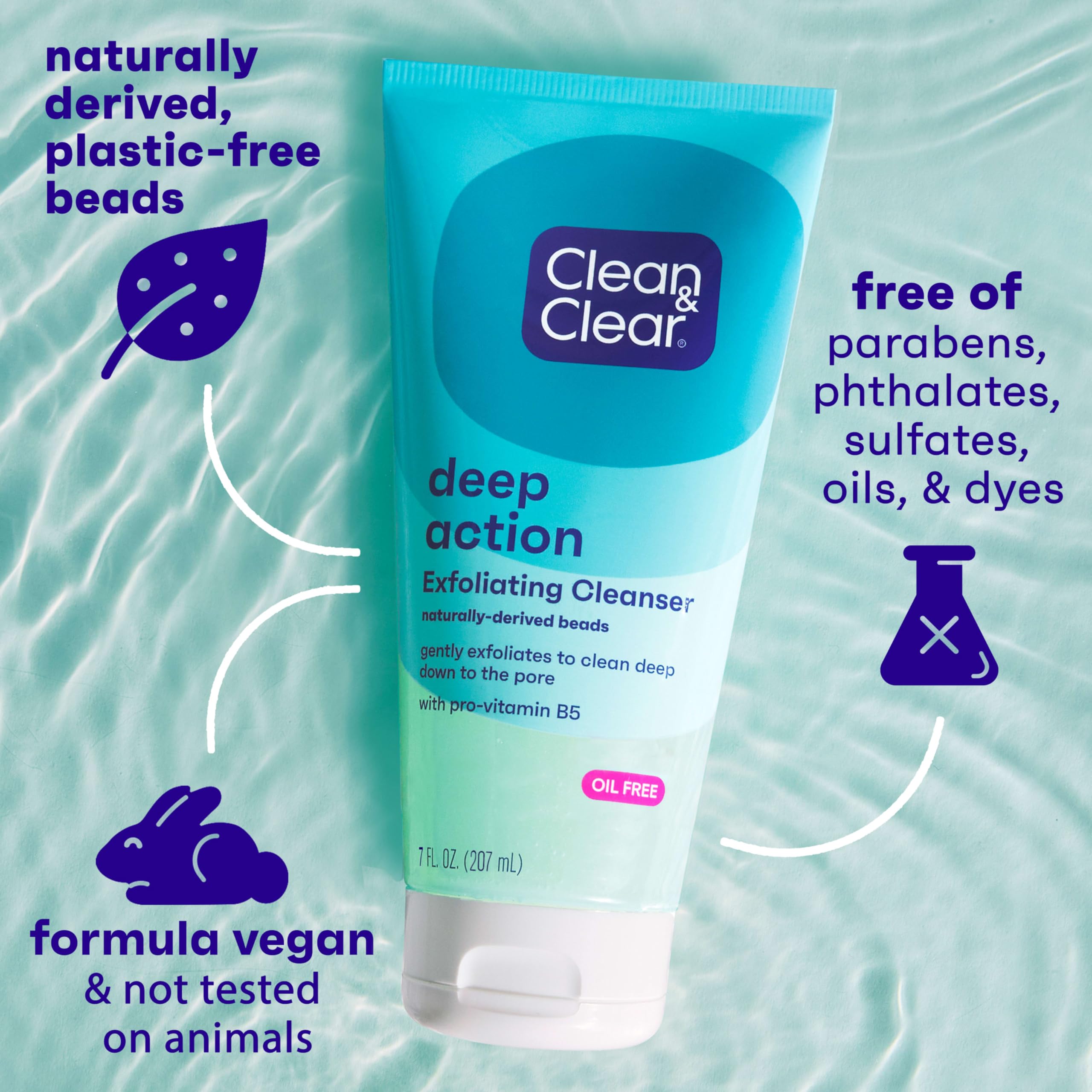 Clean & Clear Deep Action Exfoliating Cleanser with Pro-Vitamin B5, Gentle Exfoliating Daily Face Scrub Cleans Deep Down to the Pore for Soft, Smooth, Hydrated Skin, Oil Free Face Wash, 7 FL OZ