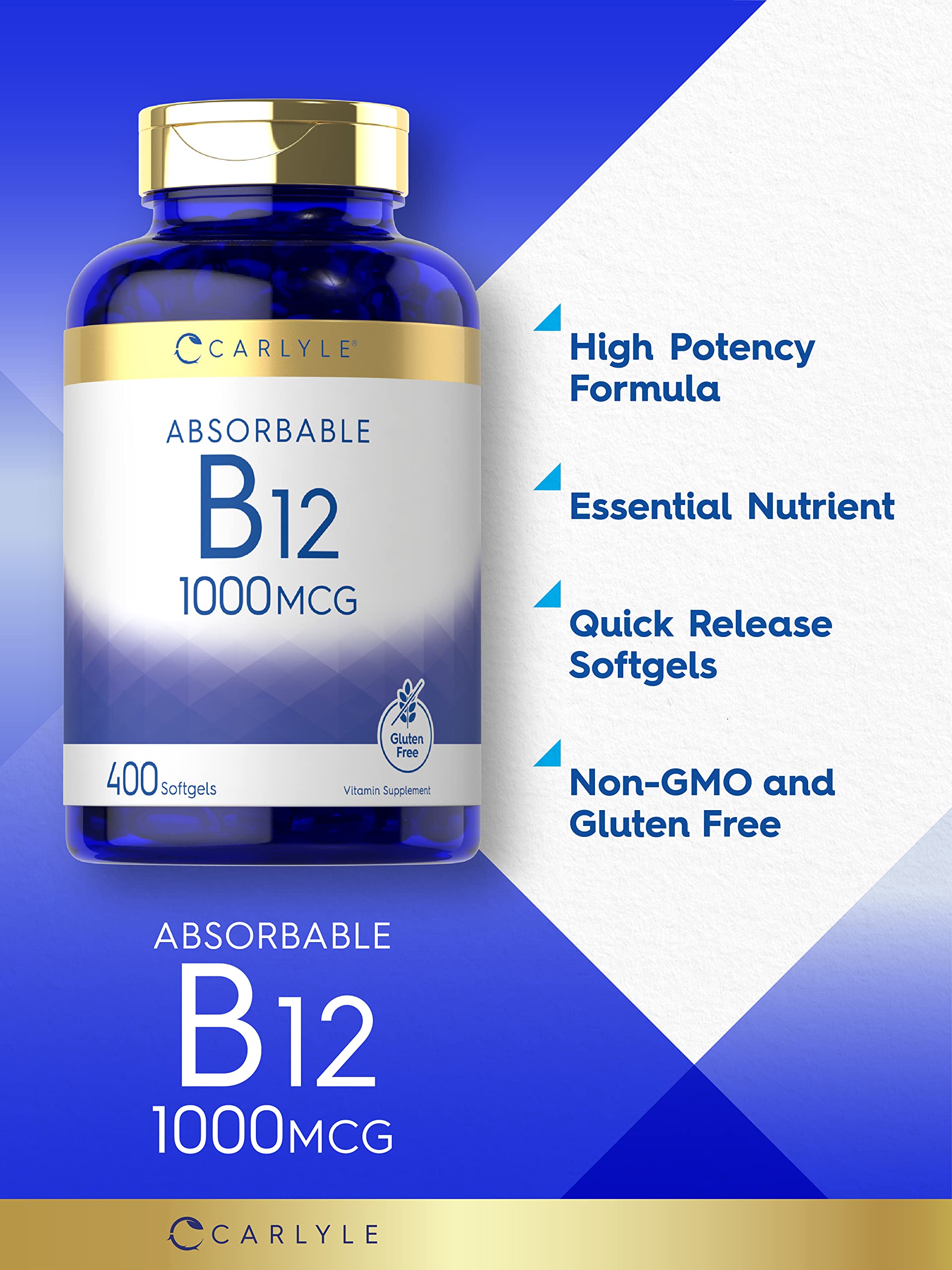 Carlyle Vitamin B12 Absorbable 1000mcg | 400 Softgels | Non-GMO and Gluten Free Supplement