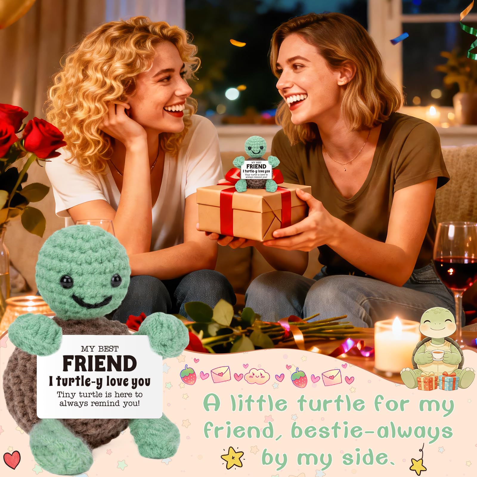 Mini Funny Turtle Best Friend Friendship Gifts for Women Men, Mothers Day Birthday Gifts for Friends Female Male Girls, I Love You Small Cute Stuff Things, Handmade Emotional Positive Crochet Turtle