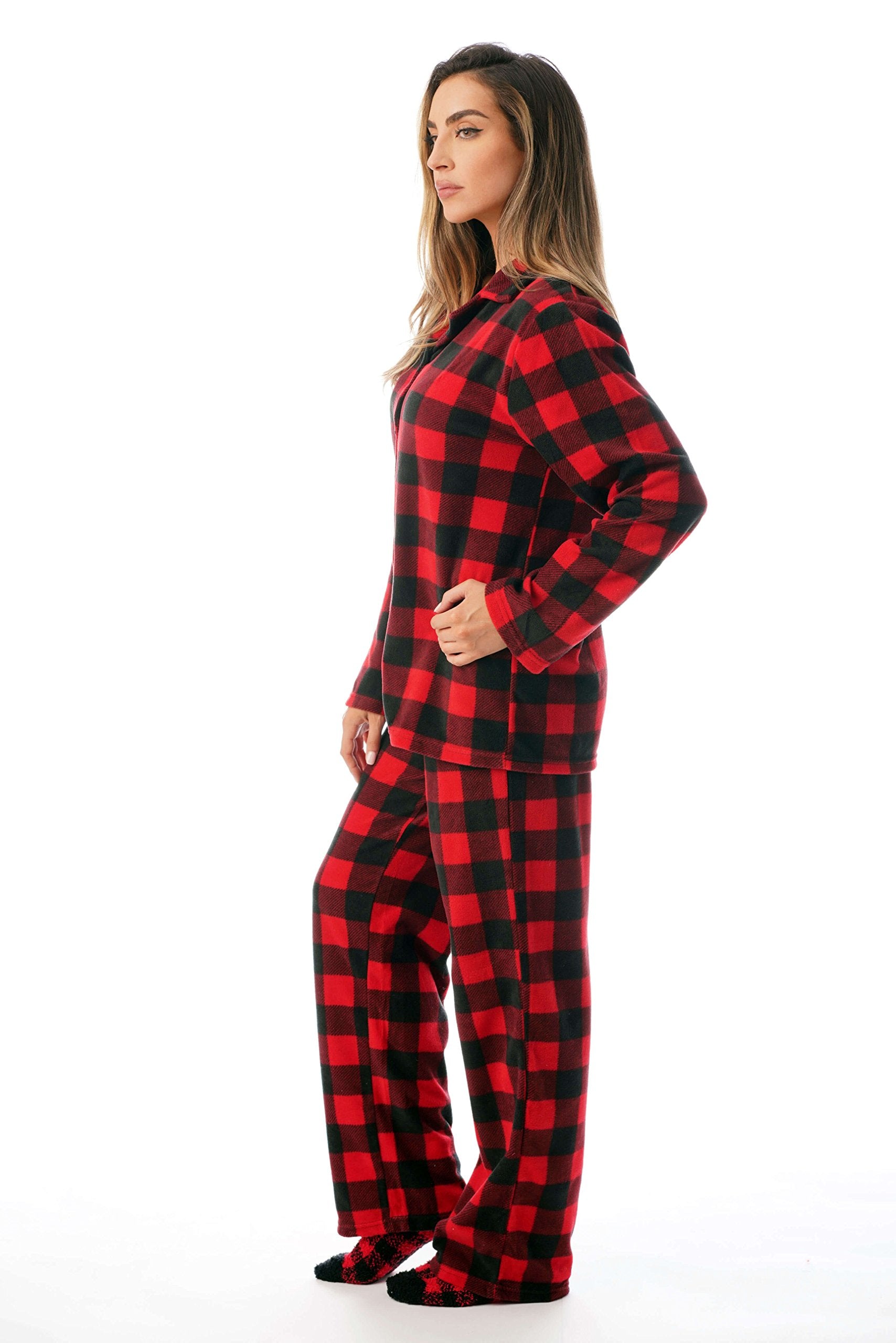 #followme Printed Microfleece Button Front PJ Pant Set with Socks 6370-10195-2X, Red Black - Buffalo Plaid