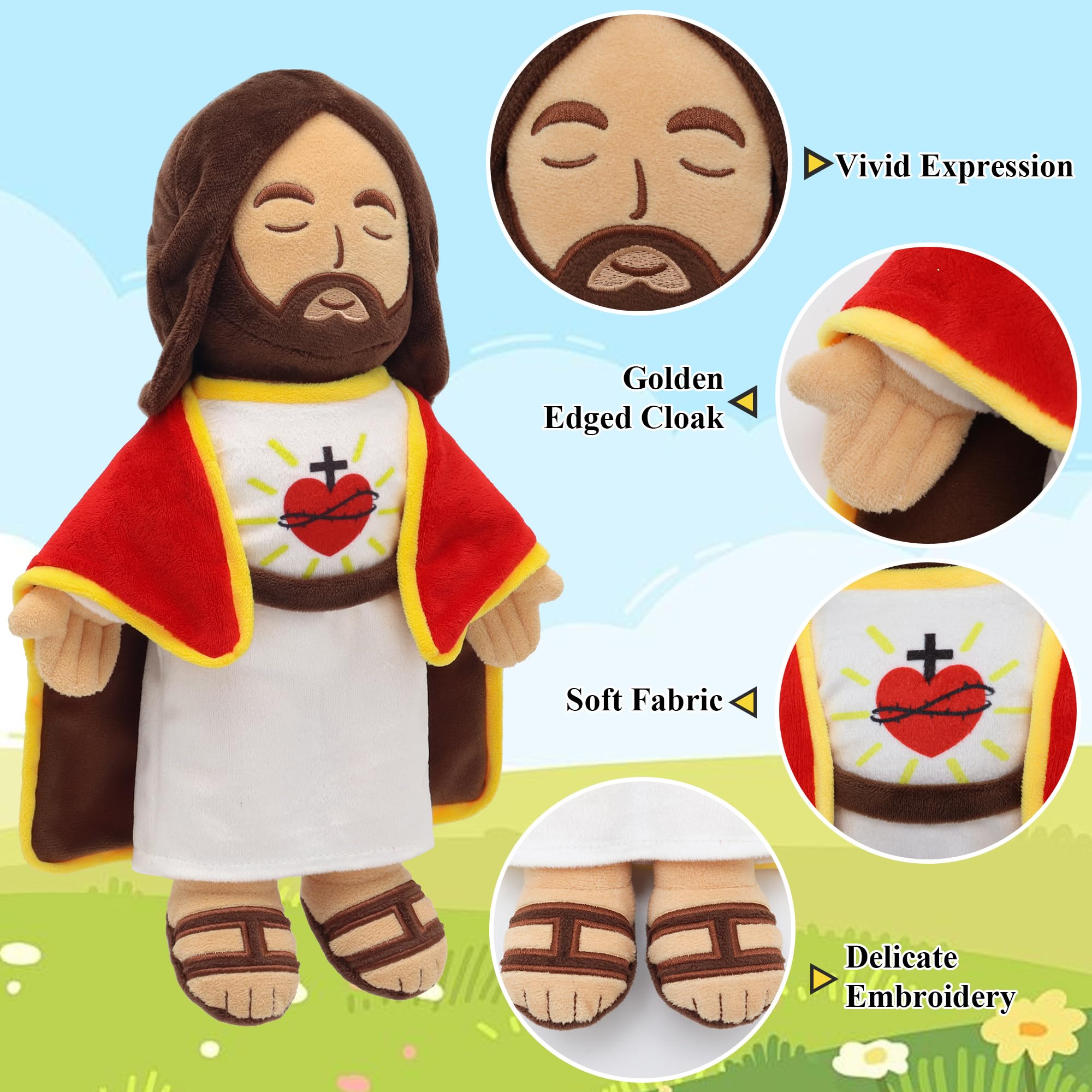 Yelakey 13.4" Jesus Plush Doll for Kids Jesus Plushie with Red Gold-Trimmed Shawl Christian Religious Gift Decoration for Christening Easter (Brown)