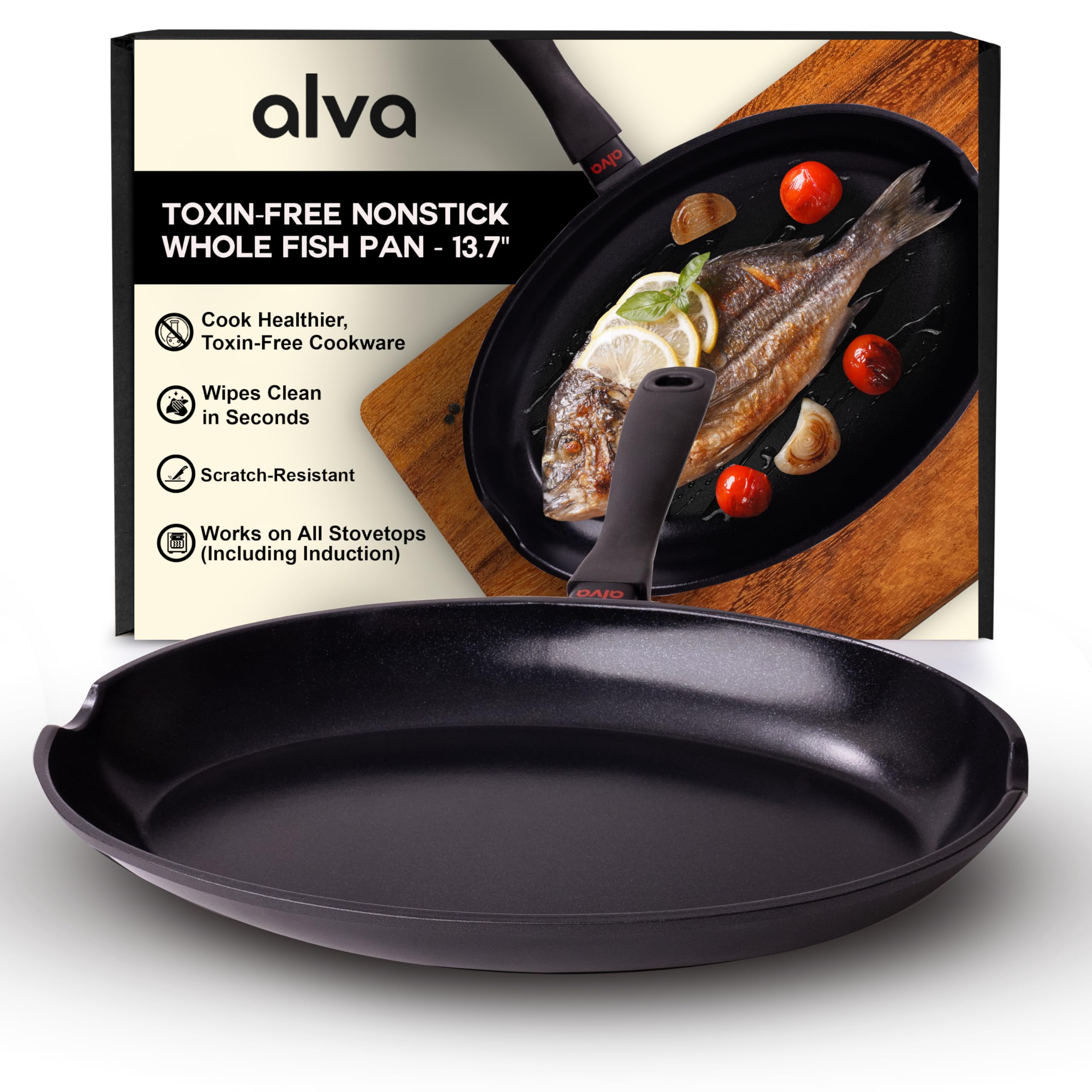 Alva Energy Nonstick Ceramic Fish Pan 13.7" - Lightweight, Easy to Clean and Made without PFAS, PFOA & PTFE - Induction and All Stovetop Compatible with Even Heat Distribution