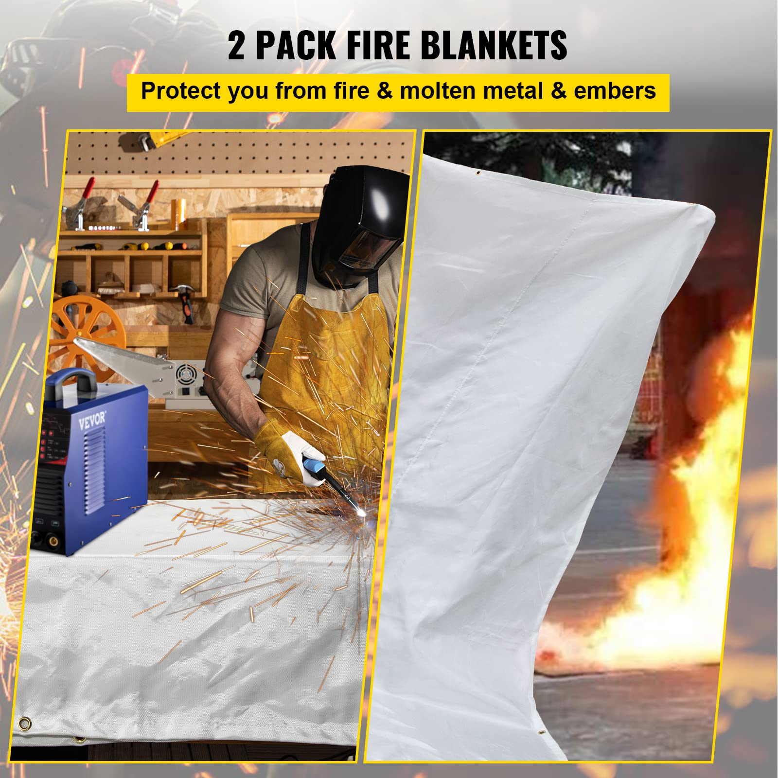 VEVOR Fire Blankets, 2 Pack Welding Blankets, 8' x 10' Fire Suppression Blanket, 1022°F Flame Fiberglass Retardant Blanket, White Fire Emergency Blankets with 12 Brass Grommets