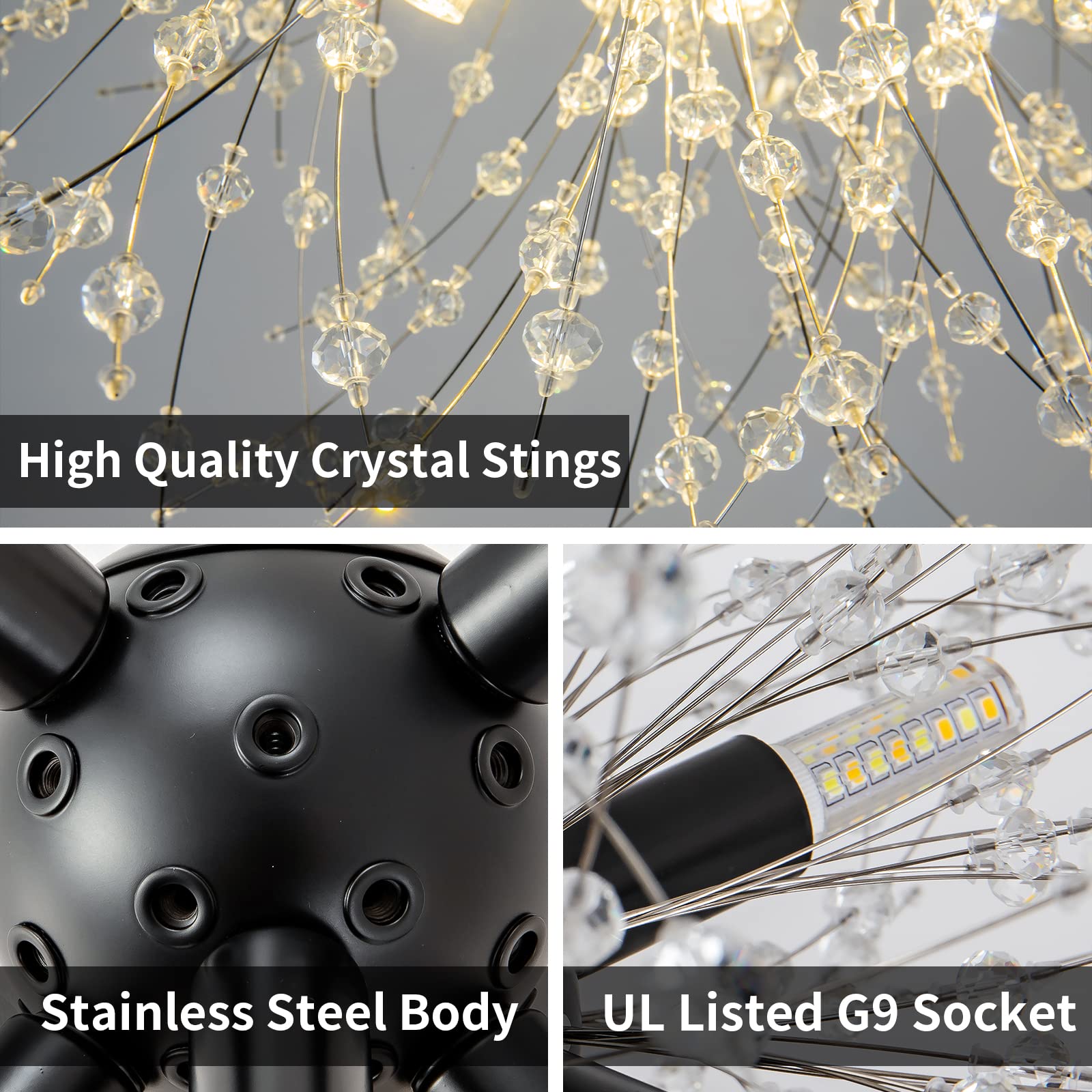 CM MZY Modern Crystal Chandeliers Firework, Matt Black Dandelion Sputnik Ceiling Light Fixtures, Sputnik Chandelier Pendant Light for Bedroom Living Room Dining Room Kitchen Island Hallway