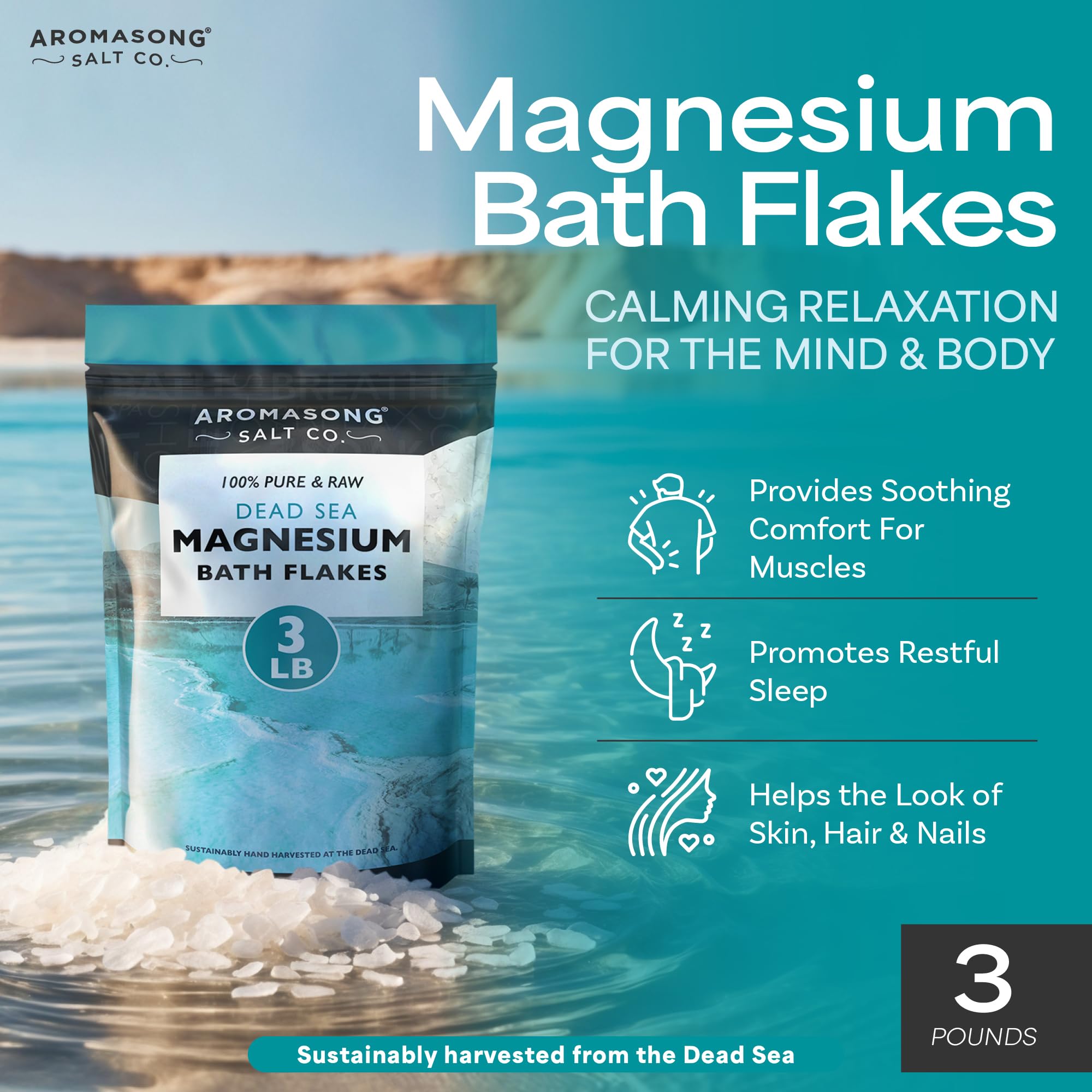 Aromasong Magnesium Flakes for Bath from The Dead Sea- 3 LB Resealable Pack Magnesium Chloride Flakes -Organic Bath Salt Muscle Relaxing Mineral Soak (Packaging May Vary)
