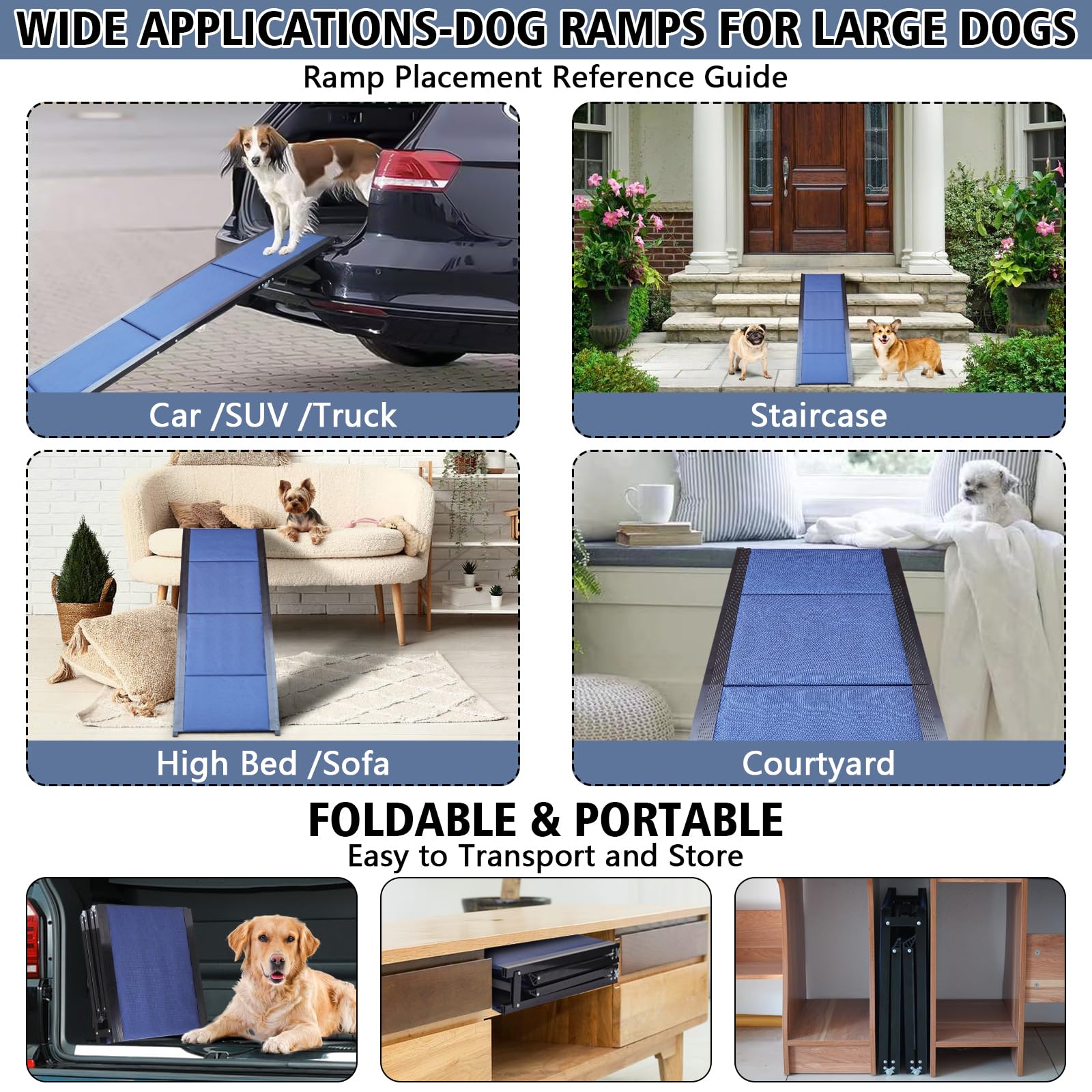 Dog Ramp for Car.71''Lx17.7''W Dog ramp for Bed,Sofa.Waterproof Non-Slip Dog ramps for Large Dogs,Old Dog,Medium Pets.Portable,Easy-Fold,Extra Long Aluminum Dog car ramp for Cars SUV,Truck(Blue)