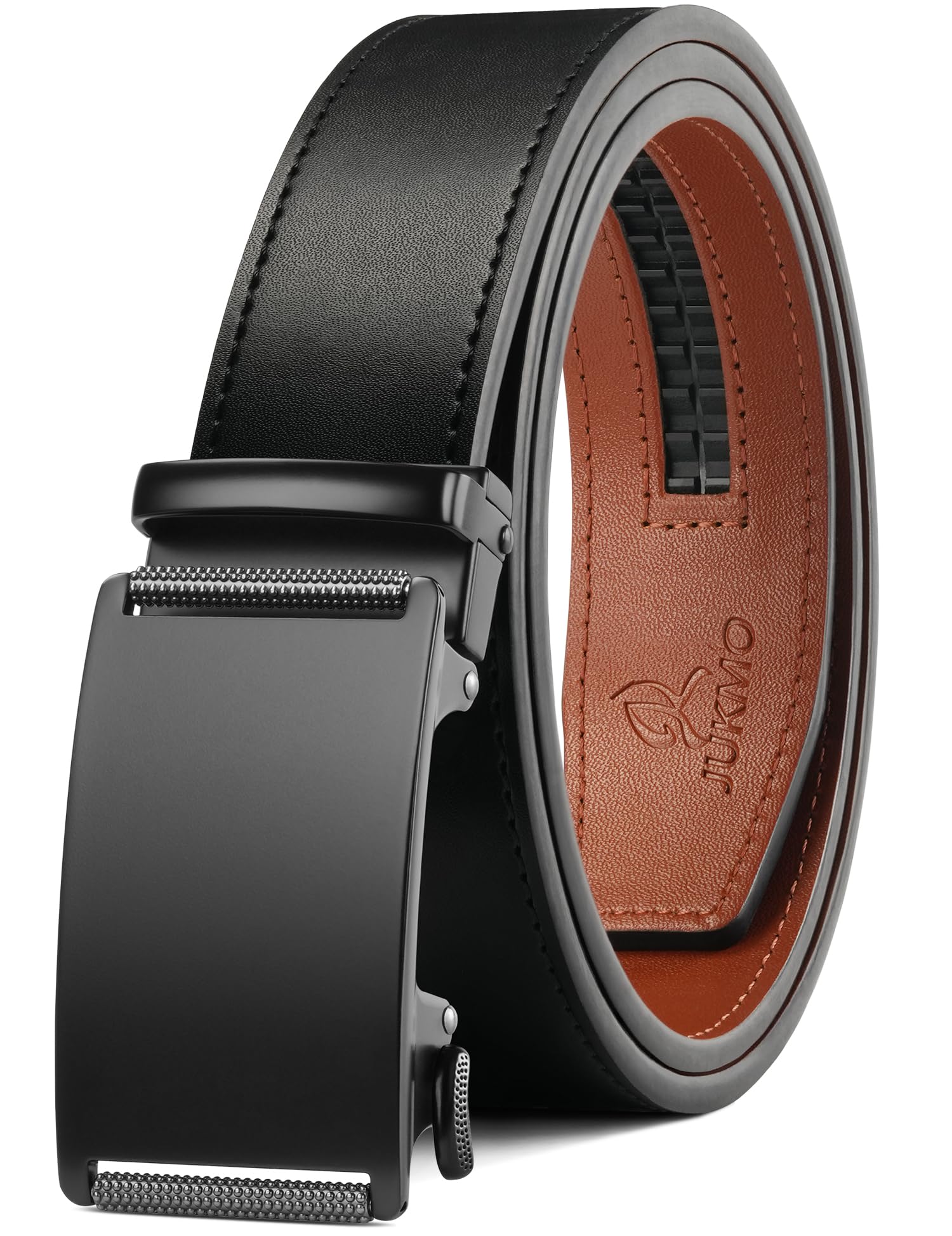 JUKMO Men’s 35mm Leather Ratchet Belt with Original Slide Buckle in Gift Box (Rollers - Black, S-28 to 36" Waist Adjustable (Length 45"))