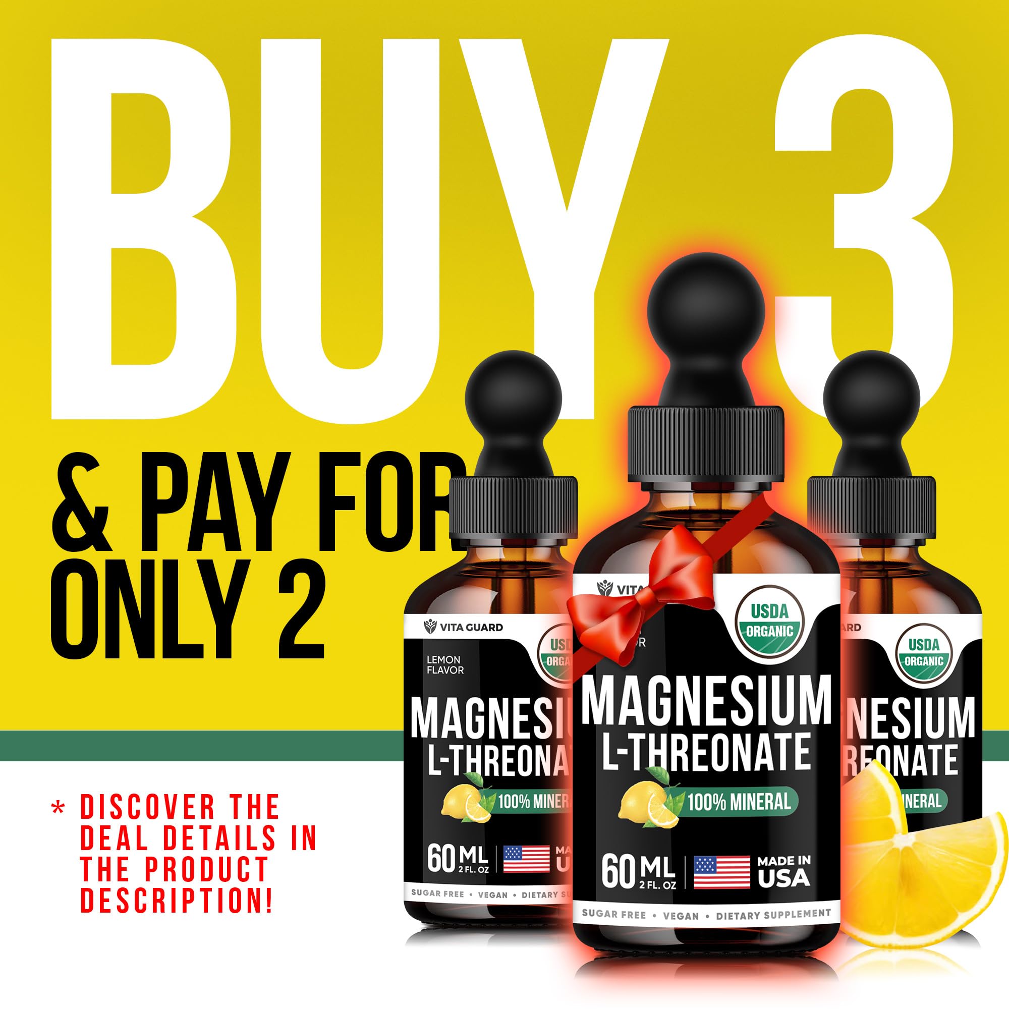 Magnesium L-Threonate Liquid Drops - 500mg Vegan Formula for Brain Health, Lemon Flavor, 60ML (2 fl oz) | Gluten-Free, Non-GMO