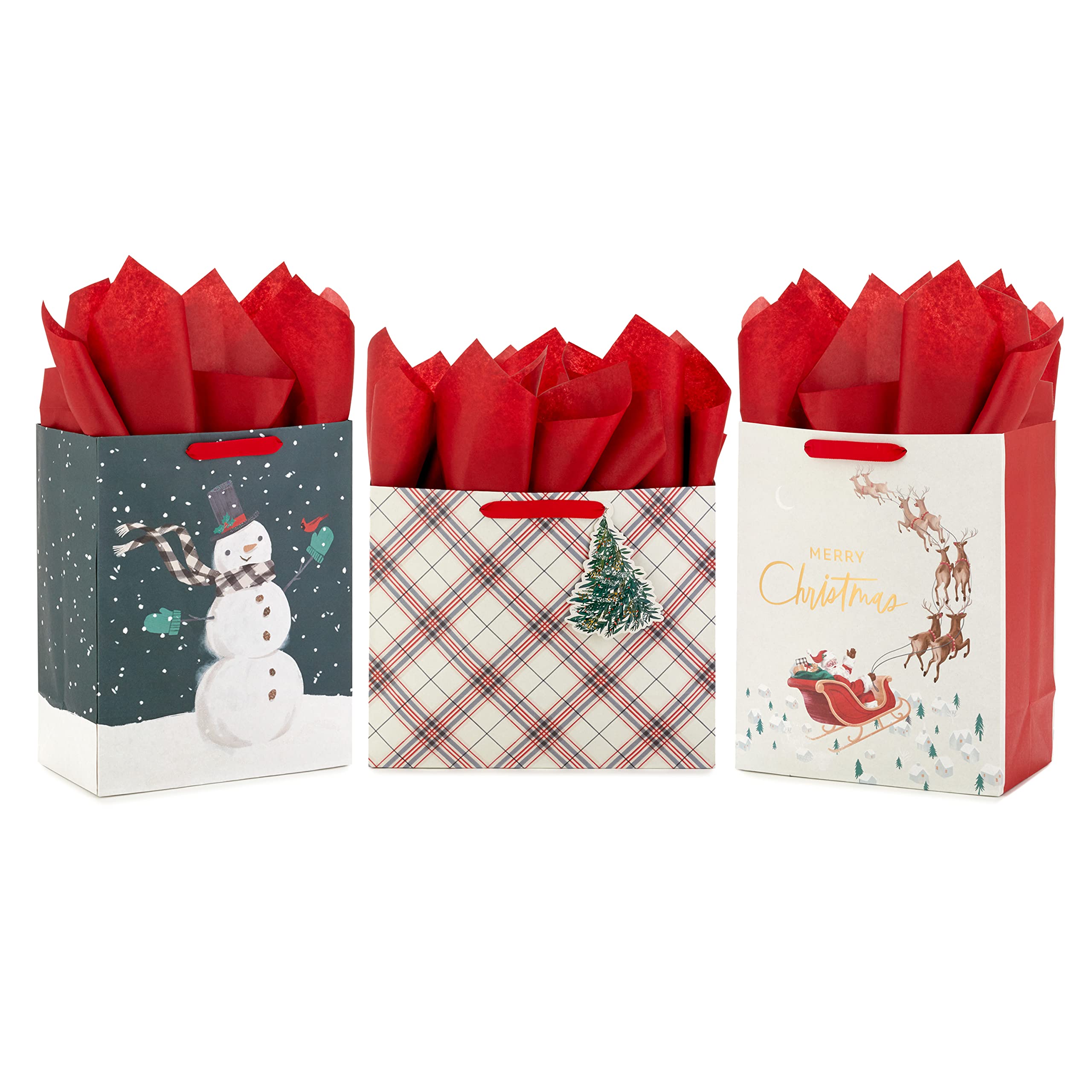 Hallmark Christmas Gift Bag Assortment with Tissue Paper (3 Bags: 2 Large 13", 1 Large Horizontal 10") Santa with Sleigh, Red and Green Plaid, Snowman on Black