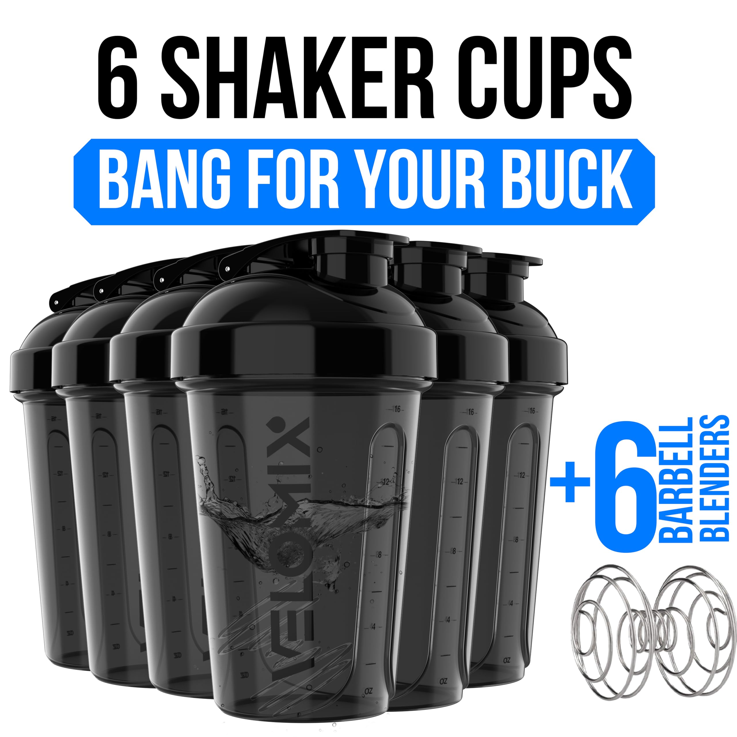 VELOMIX -6 PACK- 20 oz Protein Shaker Bottle for Protein Mixes - 6x Wire Whisk | Leak Proof Shaker Cups for Protein Shakes| Stackable Protein Shaker Bottle Pack | Dishwasher Safe (ALL IN BLACK)