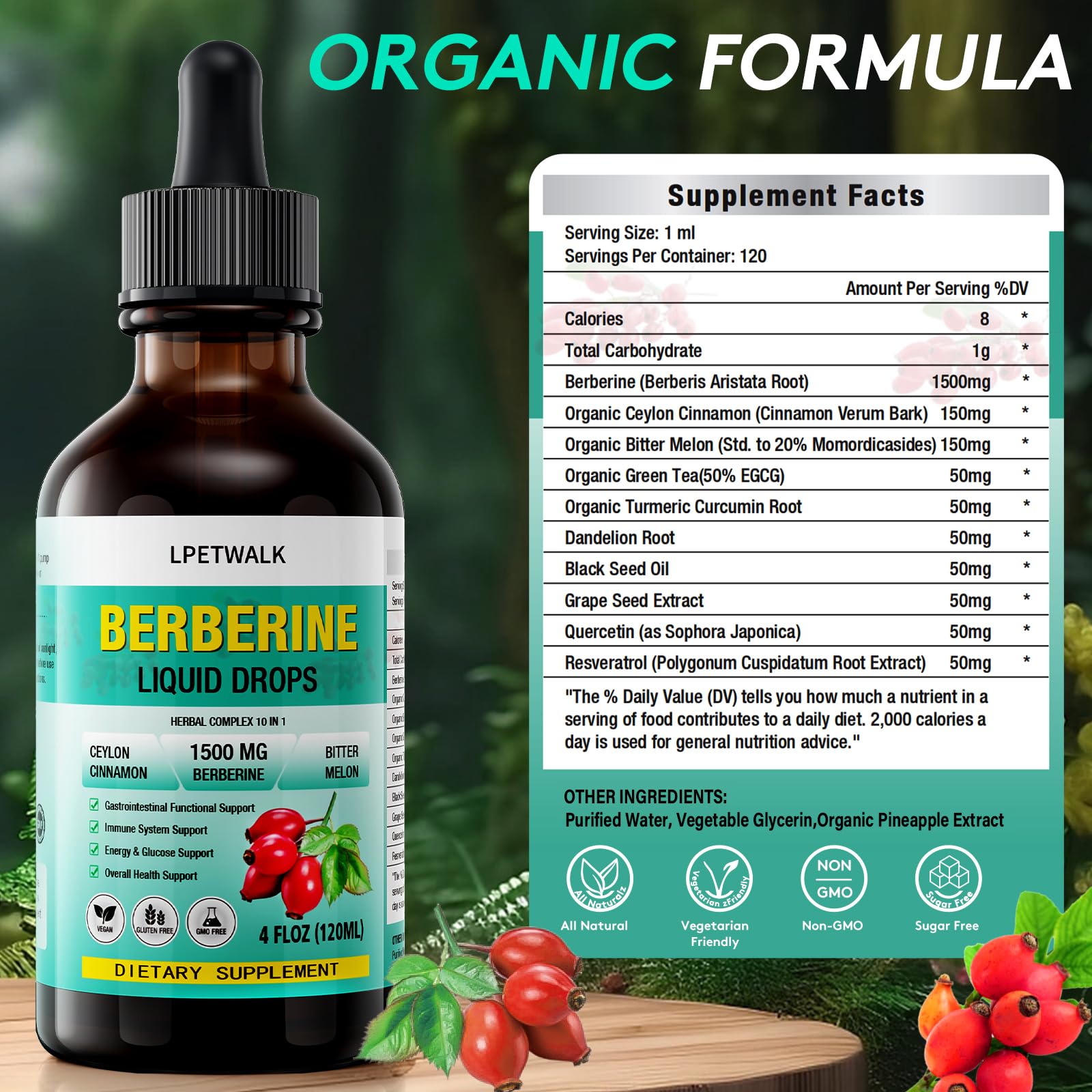 LPETWALK 4 FL Oz Organic Berberine Liquid Drops - Premium Berberine Supplement with Ceylon Cinnamon, Bitter Melon, Sugar-Free & Vegan Supplement Berberine Leaves Liquid, 98% Absorption - 120ML