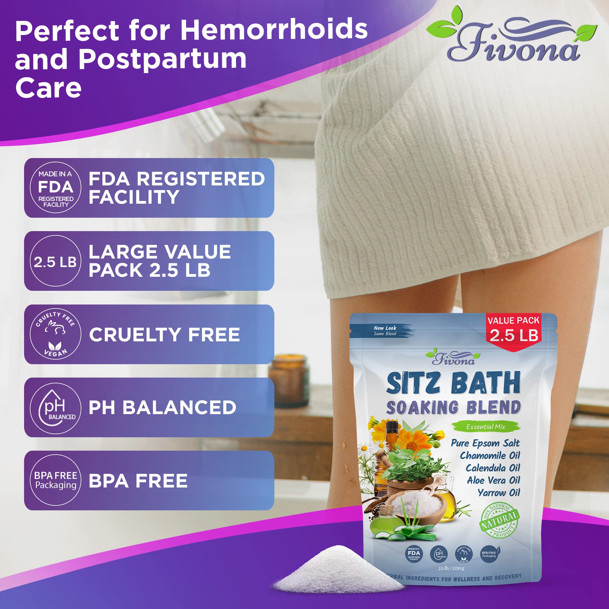 Fivona 2 in 1 Sitz Bath Soak Kit for Hemorrhoids and Postpartum Care - Soaking Blend with Epsom Salt and Essential Oils Value Pack 40 oz with Over the Toilet Seat - Fast Irritation Relief at Home