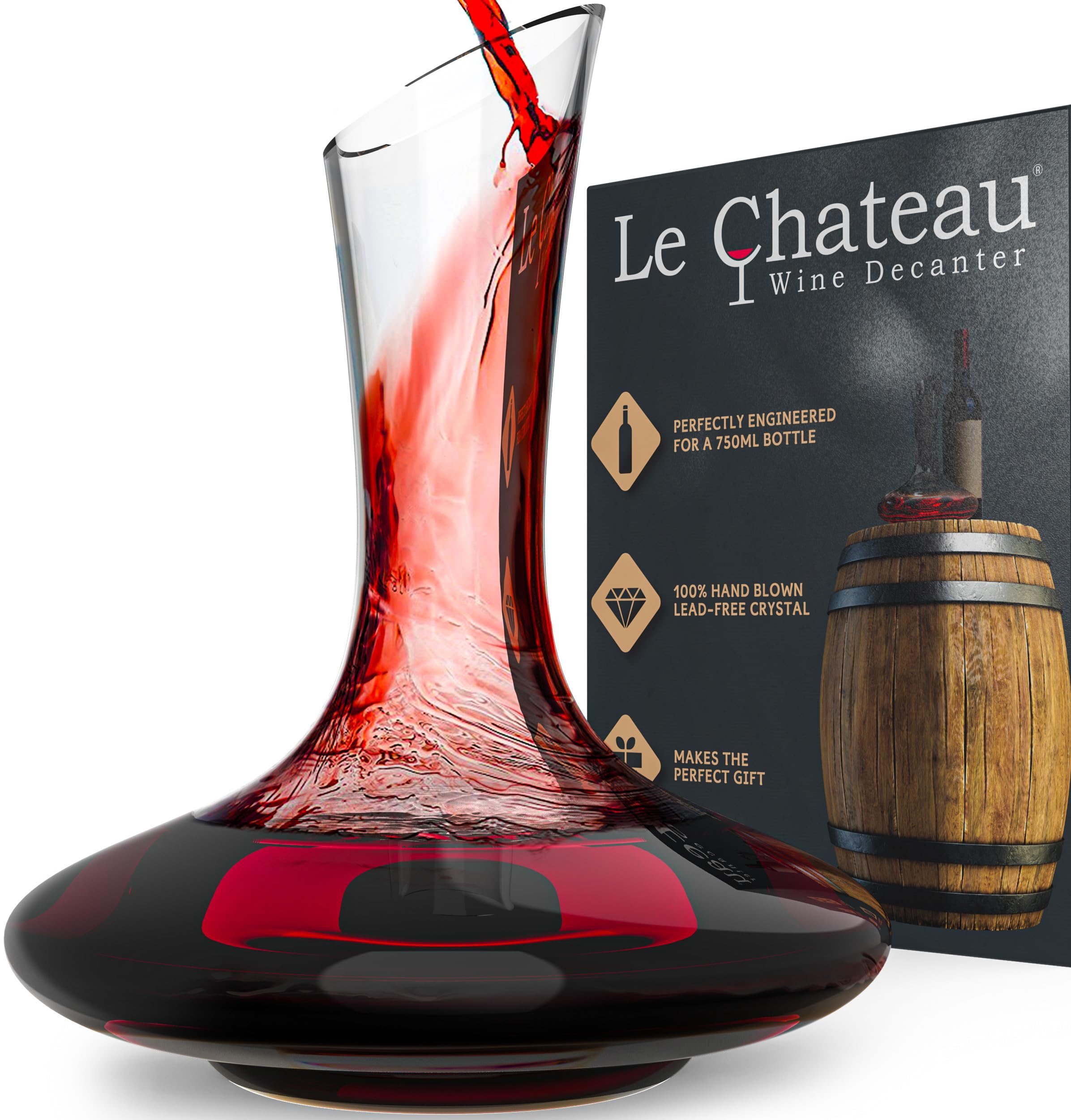 Le Chateau Large Elegant Wine Decanter with Aerator - Hand Blown Lead-Free Crystal Glass Wine Carafe, 750ml Red Wine Decanter, Wine Aerator Accessory for Wine Lovers