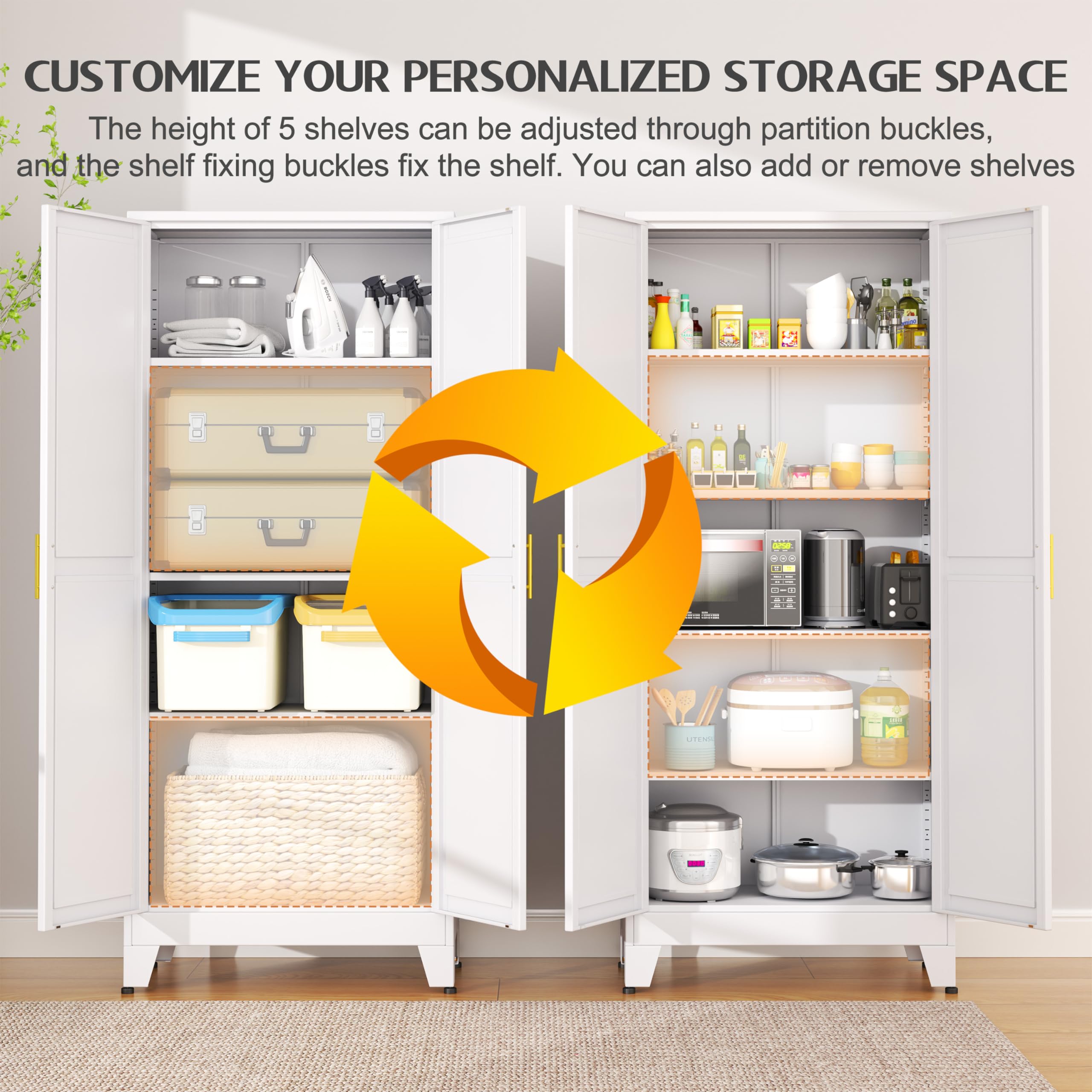 GAIOUS 75.2" Tall Metal Kitchen Pantry Storage Cabinets with 2 Door and 5 Adjustable Shelves, Cupboard for Kitchen, Dining Room, Living Room and Bathroom, White