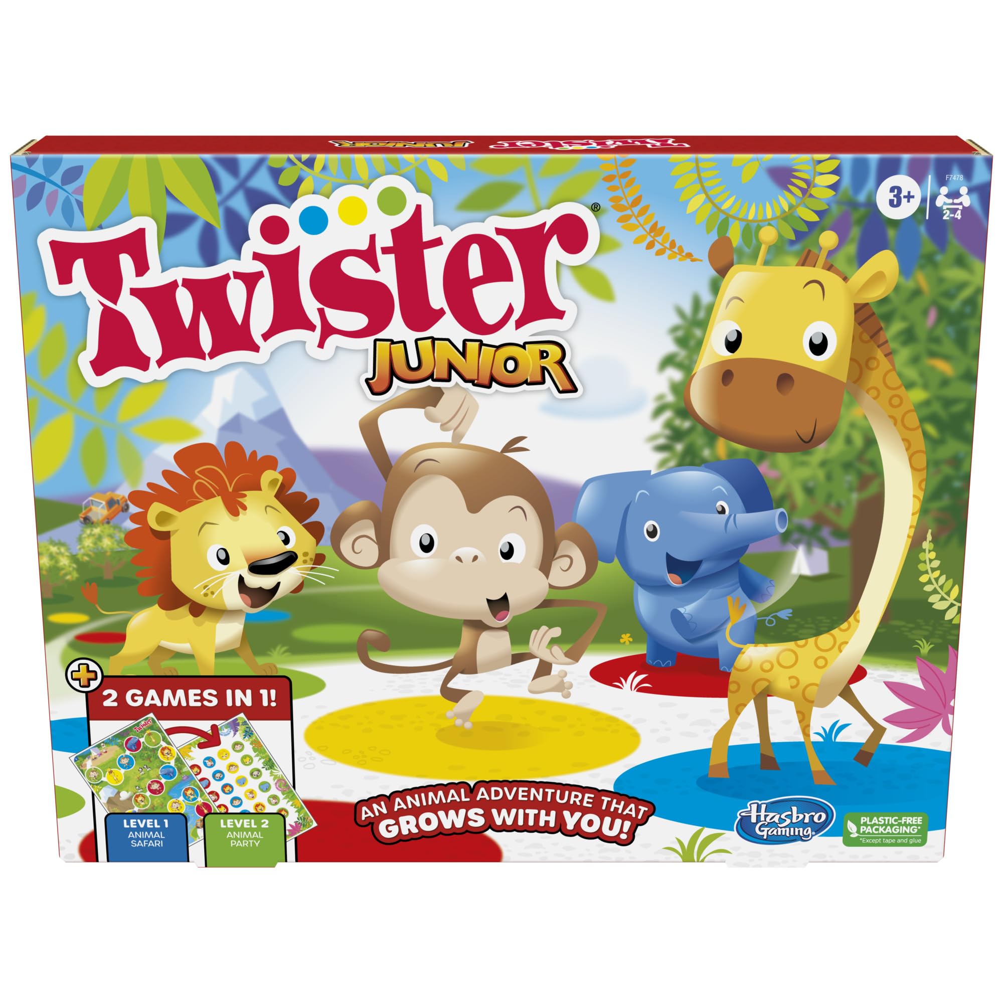 Hasbro Gaming Twister Junior Game, Animal Adventure 2-Sided Mat, 2 Games in 1, Party Game for Kids Ages 3 and Up, Indoor Game for 2-4 Players