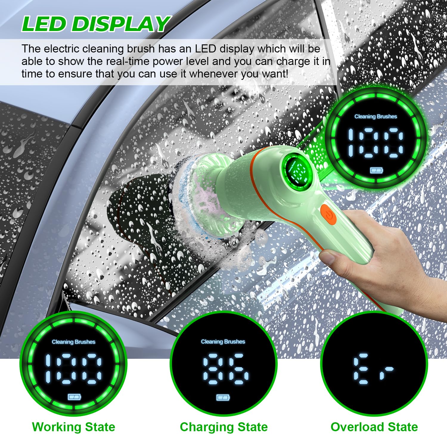 Electric Spin Scrubber, Cordless Cleaning Brush with LED Display, 6 Replaceable Brush Heads, 2 Speeds, Handheld Power Shower Scrubber for Cleaning Floors, Grout, Windows, Bathtubs, Tiles, Sink, Car