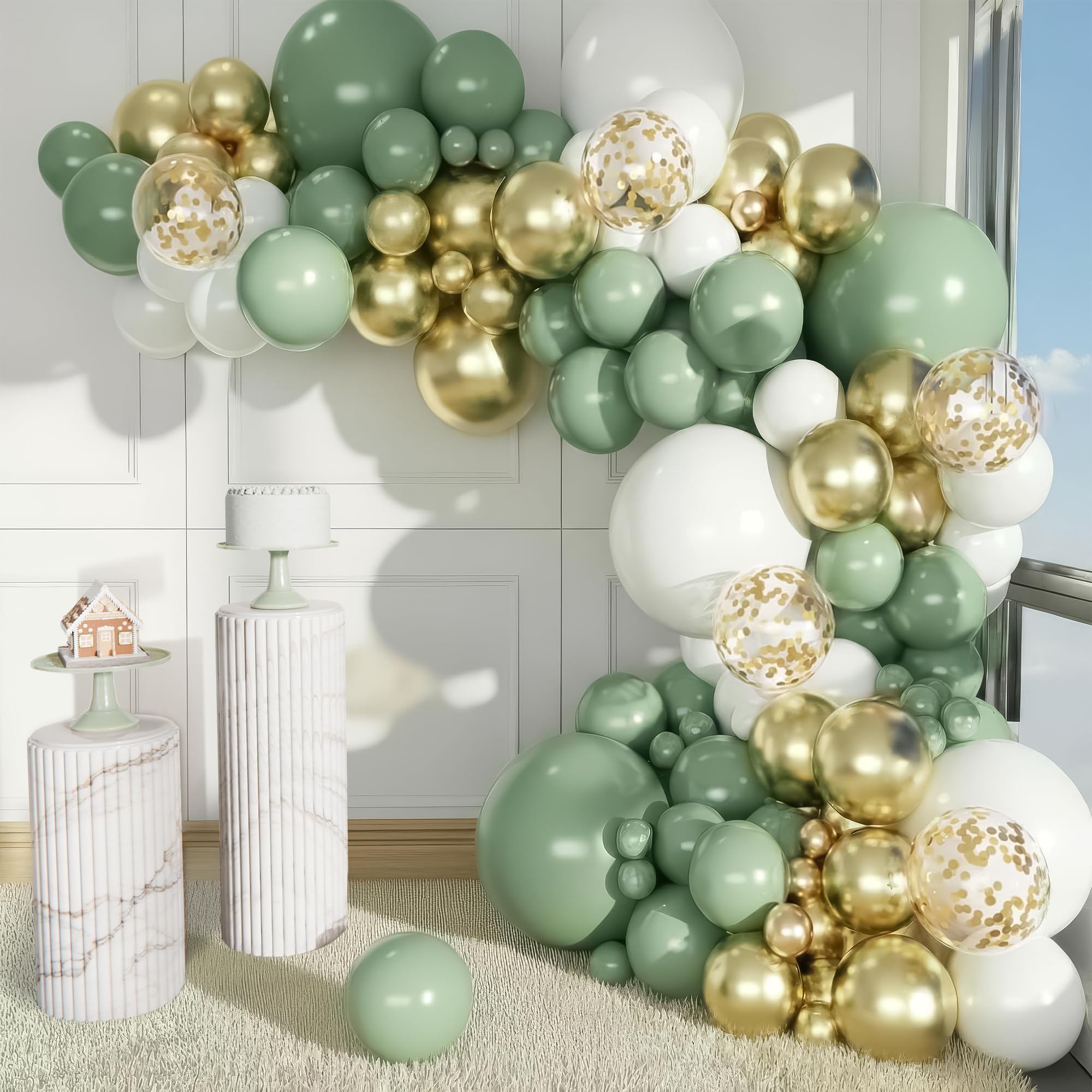 Balloon Garland Arch Kit Sage Green, White, Metallic Gold & Confetti Balloons & White Boxes with Sage-Green, Gold, Gold Confetti, and White Balloons