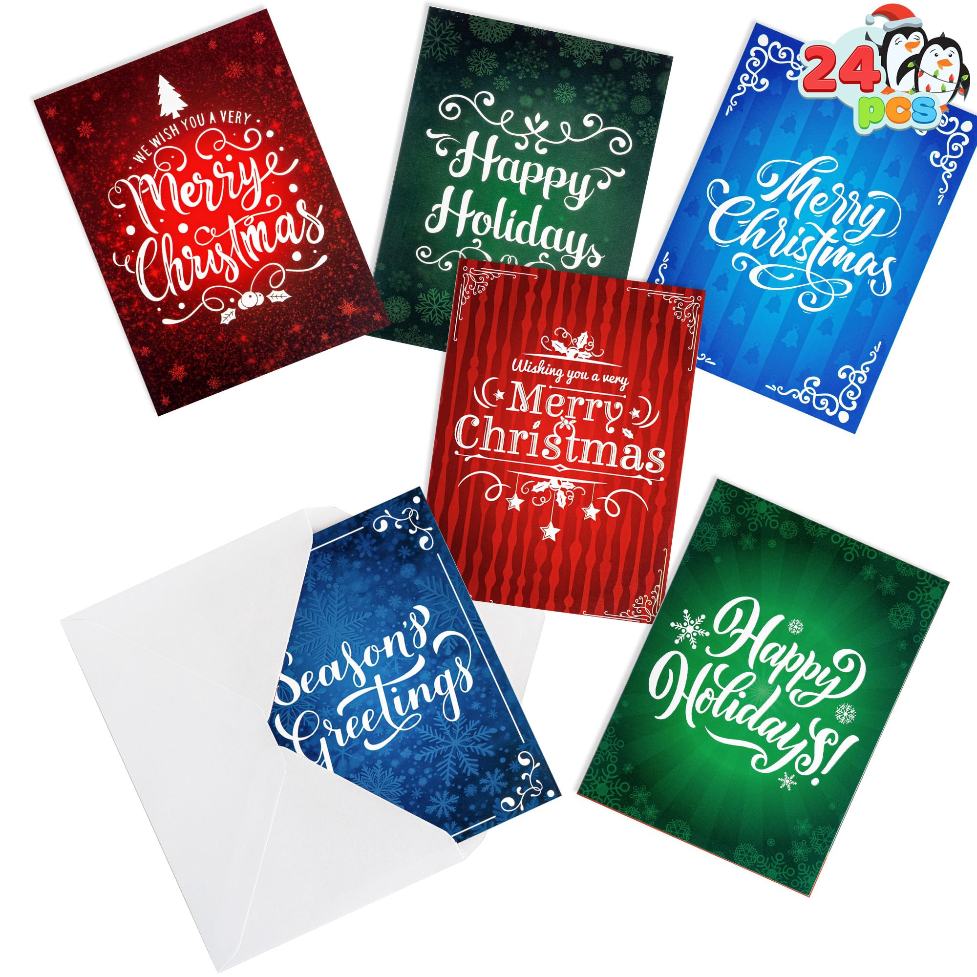 JOYIN 24 PCS Christmas Holiday Greeting Cards Bulk Collection 6 Diverse Coloful Designs Assortment with Envelopes, Elegant Lettering for Merry Christmas Season, present Giving, Xmas Gifts Cards