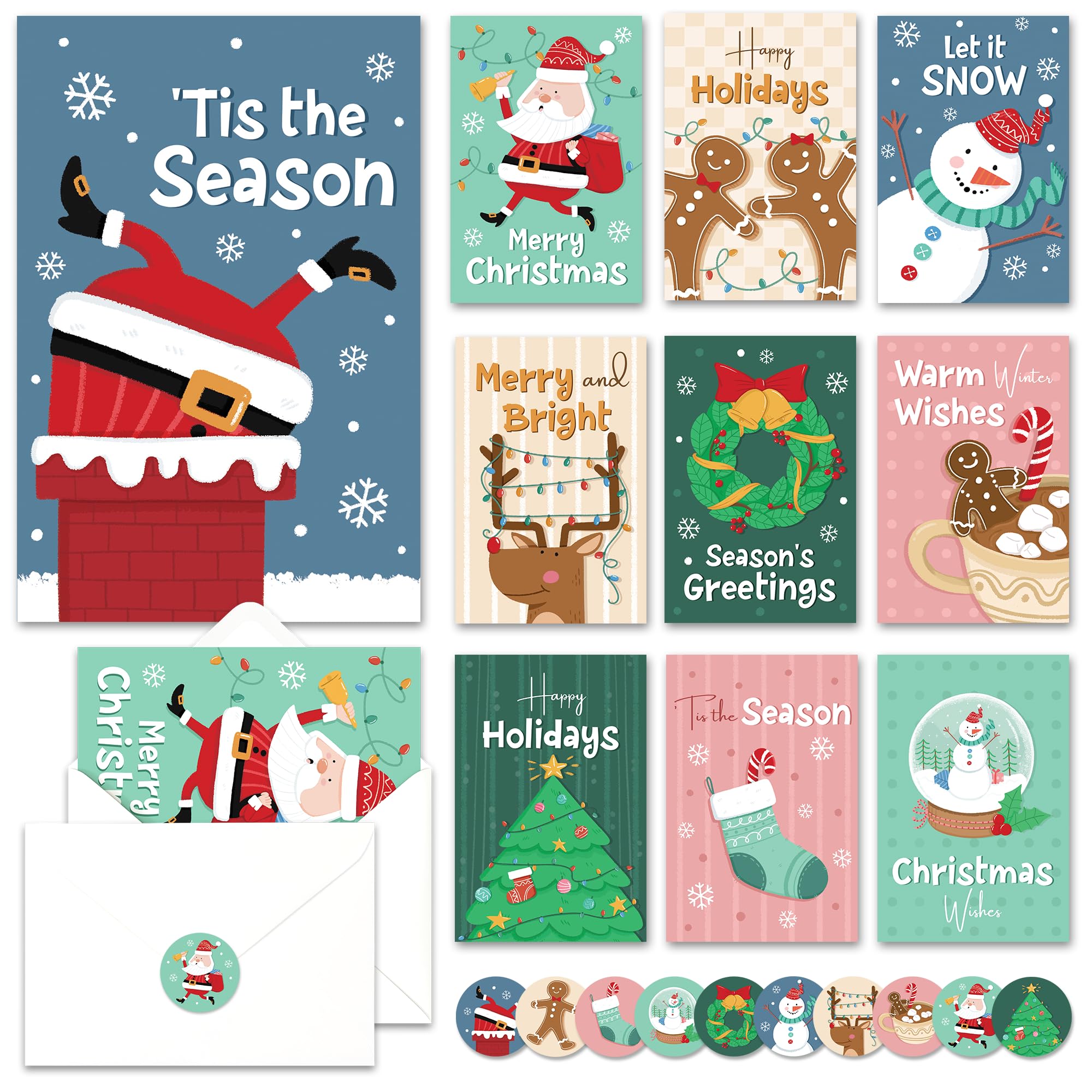 AUDREE Christmas Cards With Envelopes & Matching Stickers (20 Pack 4"x6") - Assortment Boxed Holiday Cards - Thoughtful Gift Idea for Friends and Family - Perfect for Happy Holidays Cards, Xmas Cards (Colorful)