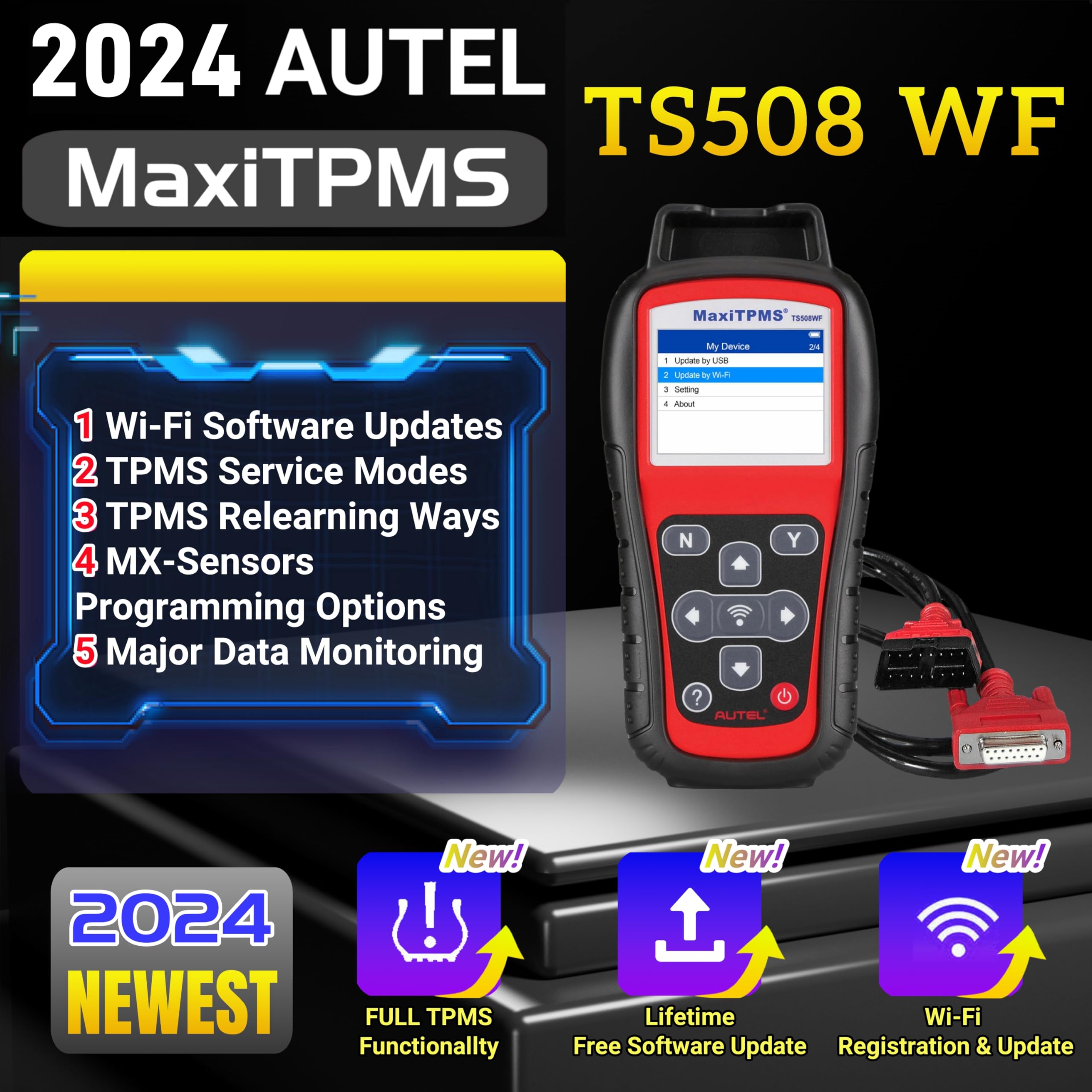 Autel MaxiTPMS TS508WF Complete with 4 pcs Duel Frequency Rubber MX Sensor, MX Sensor Programming TPMS Diagnostic OBD Relearn Activate Read Copy TPMS Sensor Read/Clear TPMS DTCs, Free Lifetime upgrate