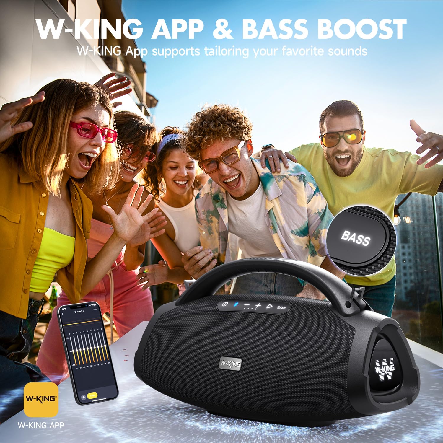W-KING 300W Peak 200W RMS Portable Bluetooth Speakers, Massive Bass Party Boombox IPX7 Waterproof Bluetooth Speaker Large, Loud Outdoor Wireless Speaker/V5.3/EQ APP/Fast Charge/Stereo Pair/Guitar in