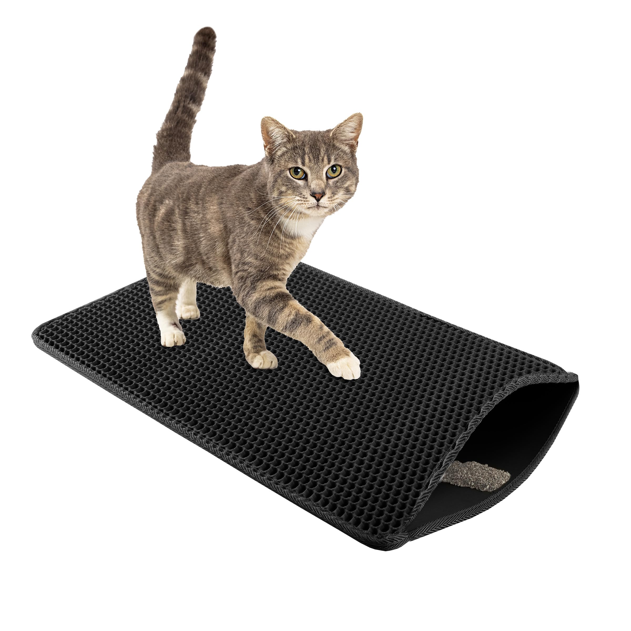 Cat Litter Mat - 24x15 Waterproof Litter Box Mat with Dual-Layer Honeycomb Design for Trapping Litter - Slip-Resistant Cat Mat by PETMAKER (Black)