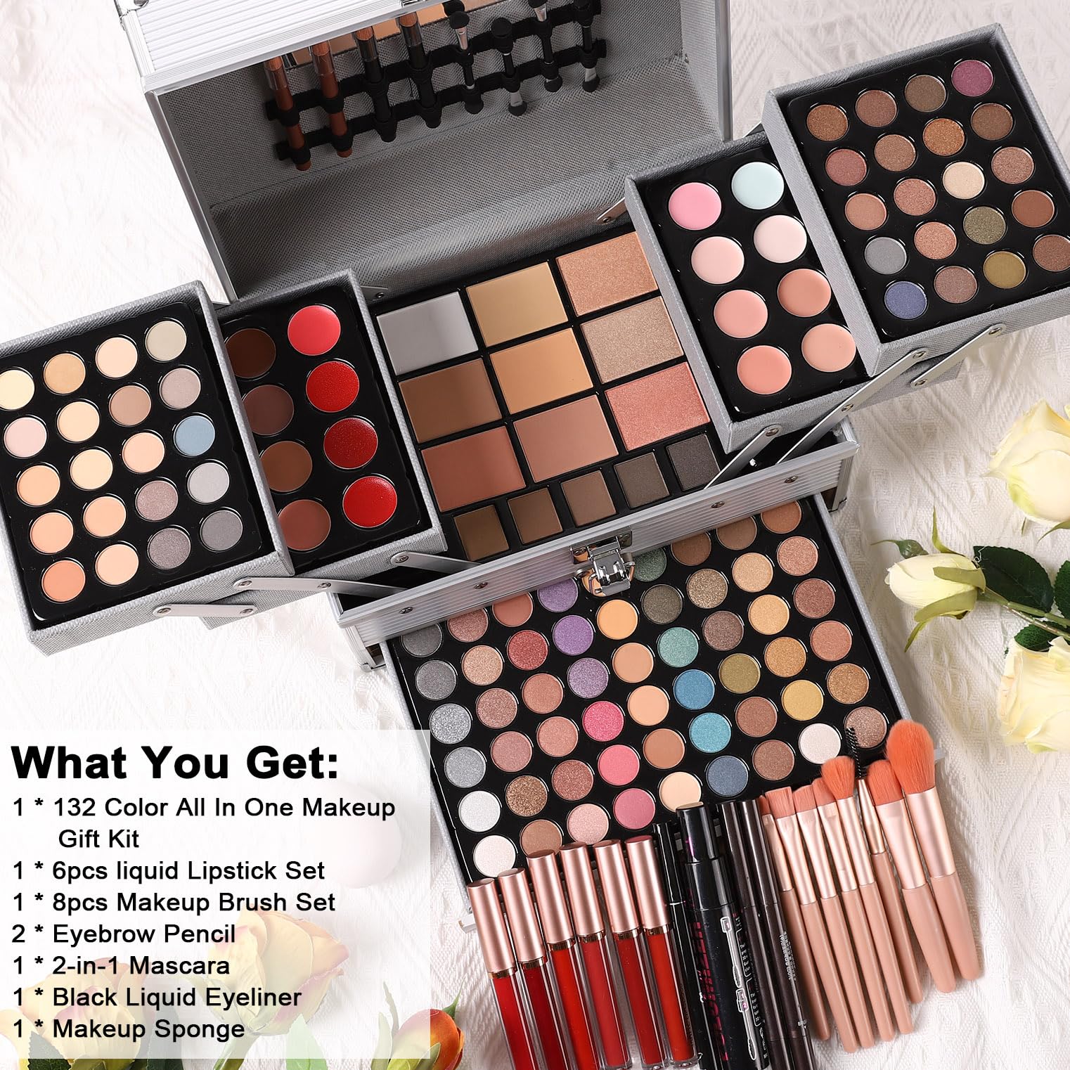 Makeup Gift Set For Women Girls, All in One Full Makeup Kit with Eyeshadow, Lip Gloss, Concealer, Blush, Contour, Highlighter Face Brushes Liquid Lipsticks Eyebrow Pen Mascara Eyeliner Pencil Sponge