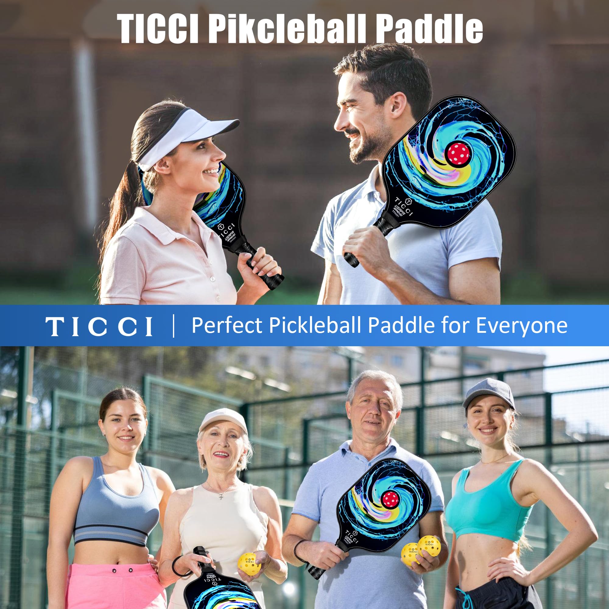 TICCI Pickleball Paddles, USAPA Approved Pickleball Paddles Set of 2, Lightweight Fiberglass Surface Pickleball Set, 4 Pickleballs, 1 Carry Bag & Mesh Bag, Pickle Ball Paddle Gifts for Men Women