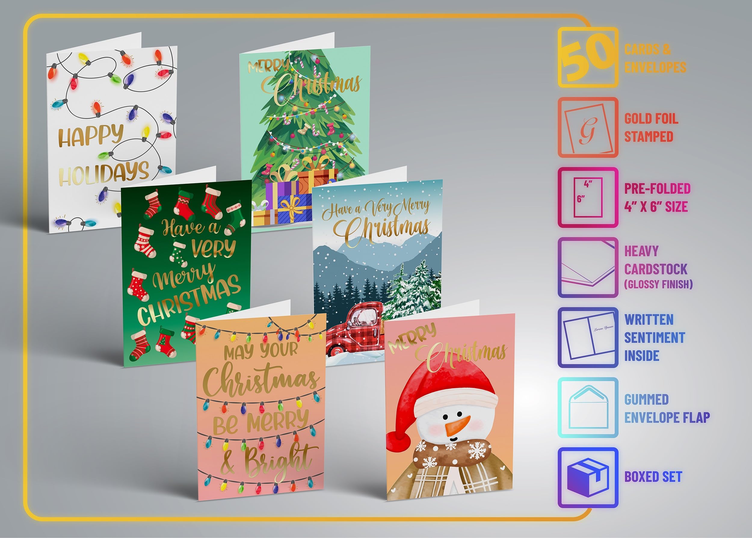 Better Office Products 50 Pack Christmas Cards Set with Gold Foil Accents, 4" x 6", Fun & Festive Designs, Blank Inside, Boxed Set