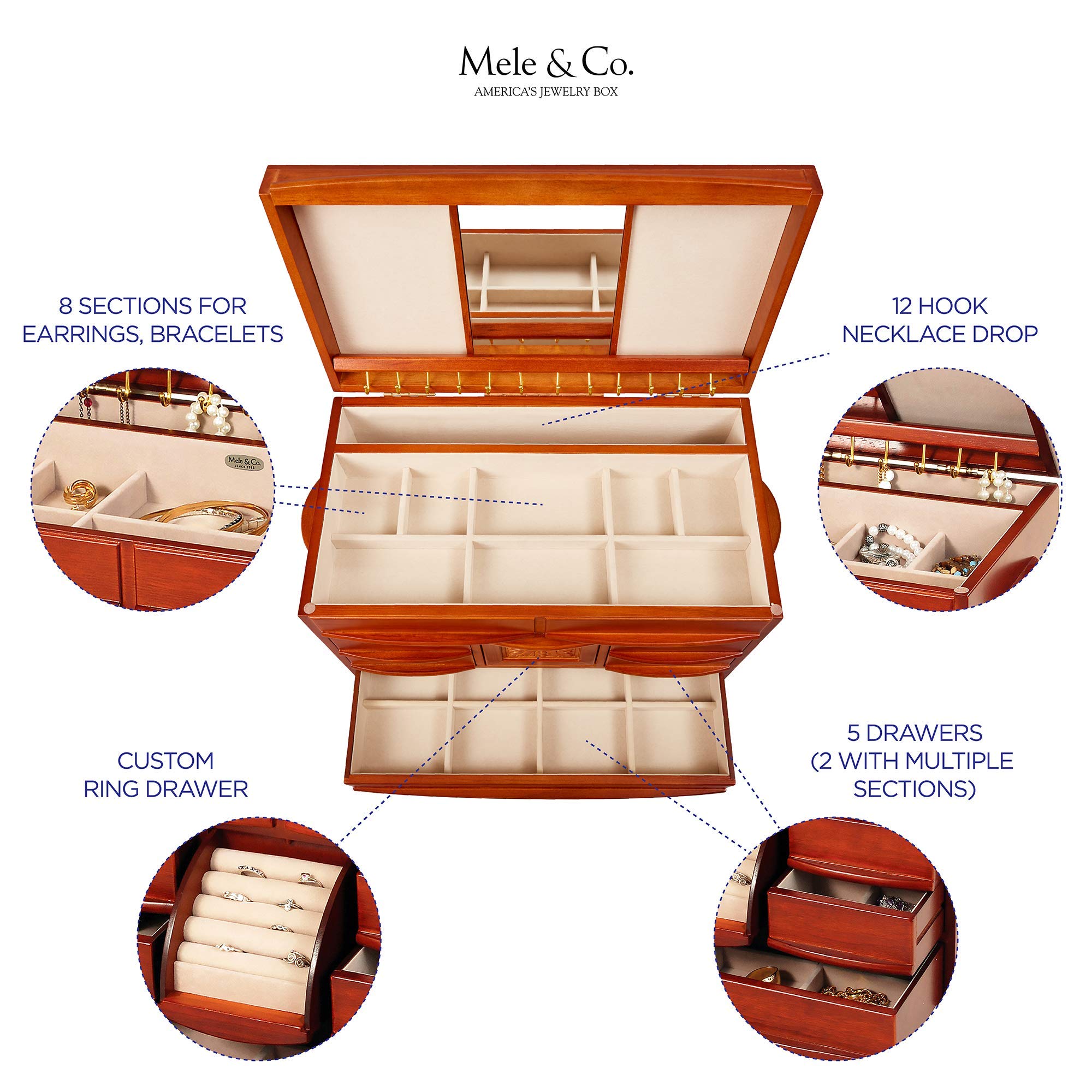 Mele & Co. Empress Wooden Jewelry Box, Ring, Necklace, and Earring Organizer