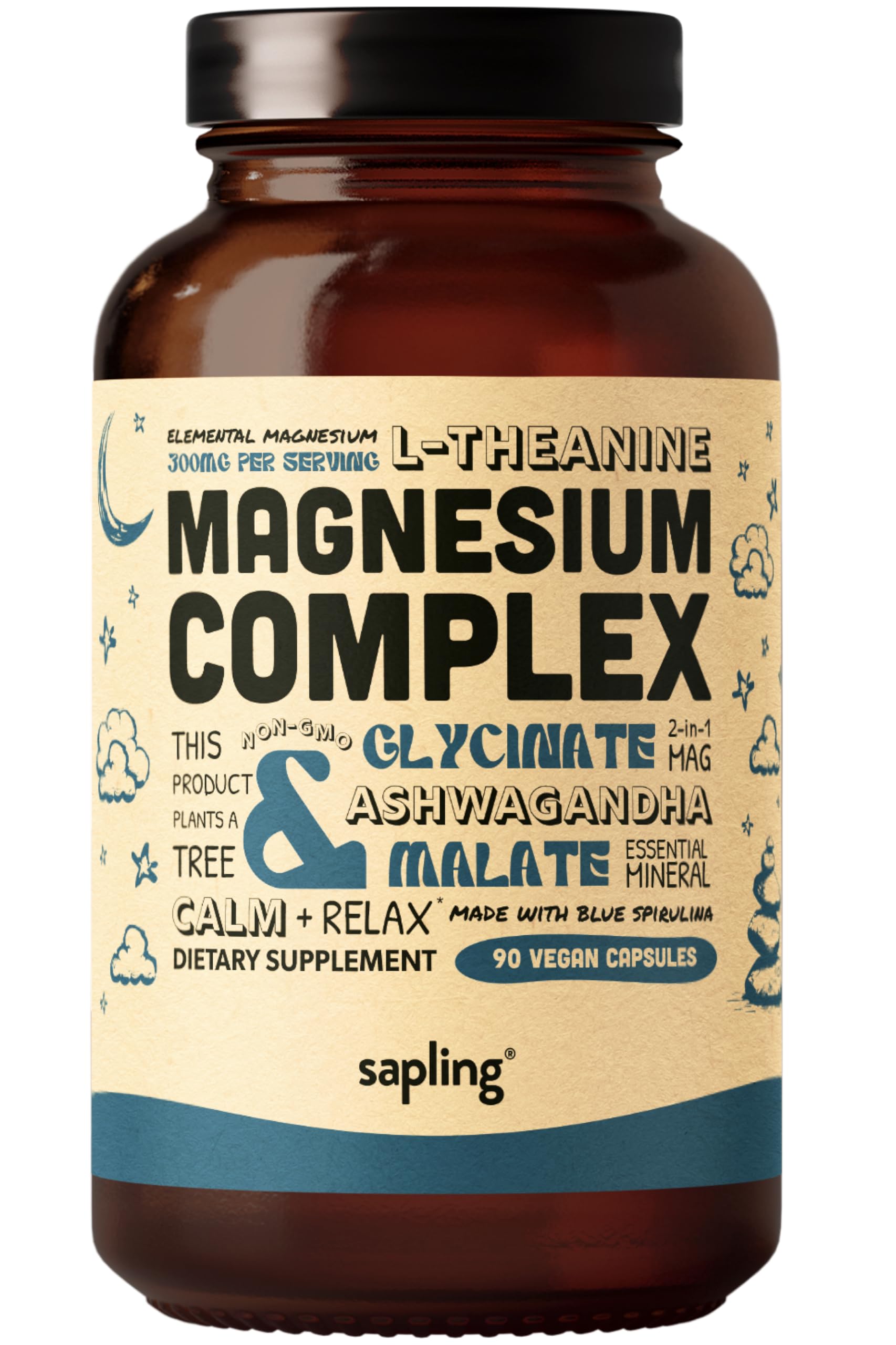 Magnesium Glycinate Complex Supplement - Chelated Magnesium Glycinate with Malate, Organic Ashwagandha, L-theanine & Blue Spirulina - High Absorption, Vegan, Non-GMO, 300mg, 90 Veggie Caps