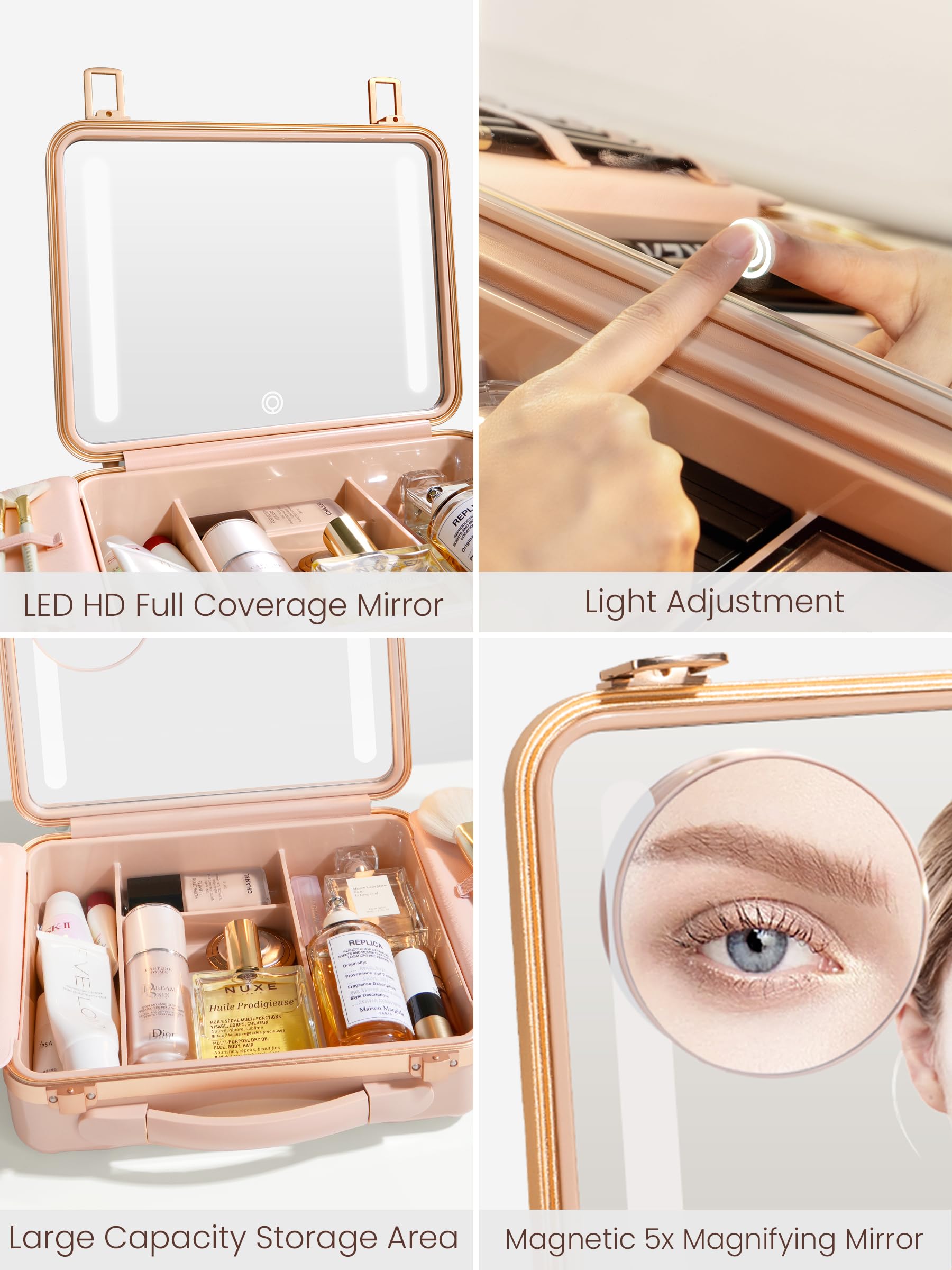 ROWNYEON Light Up Travel Makeup Case With Mirror - Portable Makeup Organizer and Train Case for Makeup Artists and Girls (Pink)