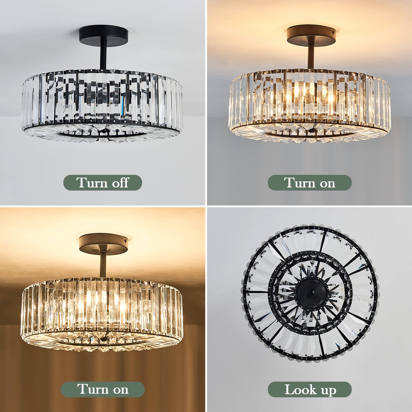 Piepooye 4 Lights Modern Crystal Chandelier Black Round Semi Flush Mount Ceiling Light Fixture Farmhouse Chandelier for Dinning Room Living Room Bedroom Hallway Entryway Kitchen