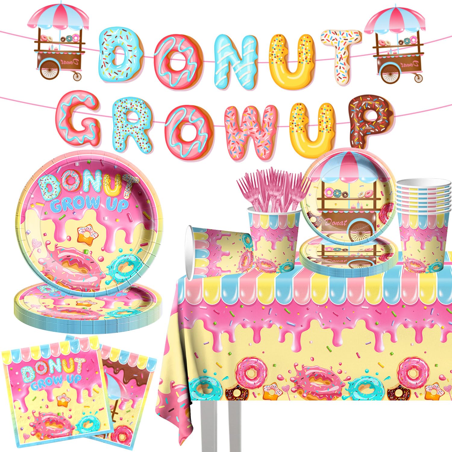 142Pcs Donut Tableware Set Party Supplies Donut Birthday Themed Party Decoration Donut Grow Up Parties Decoration Disposable Tablecloth,Plates,Cups,Napkins,Banner and Cutlery