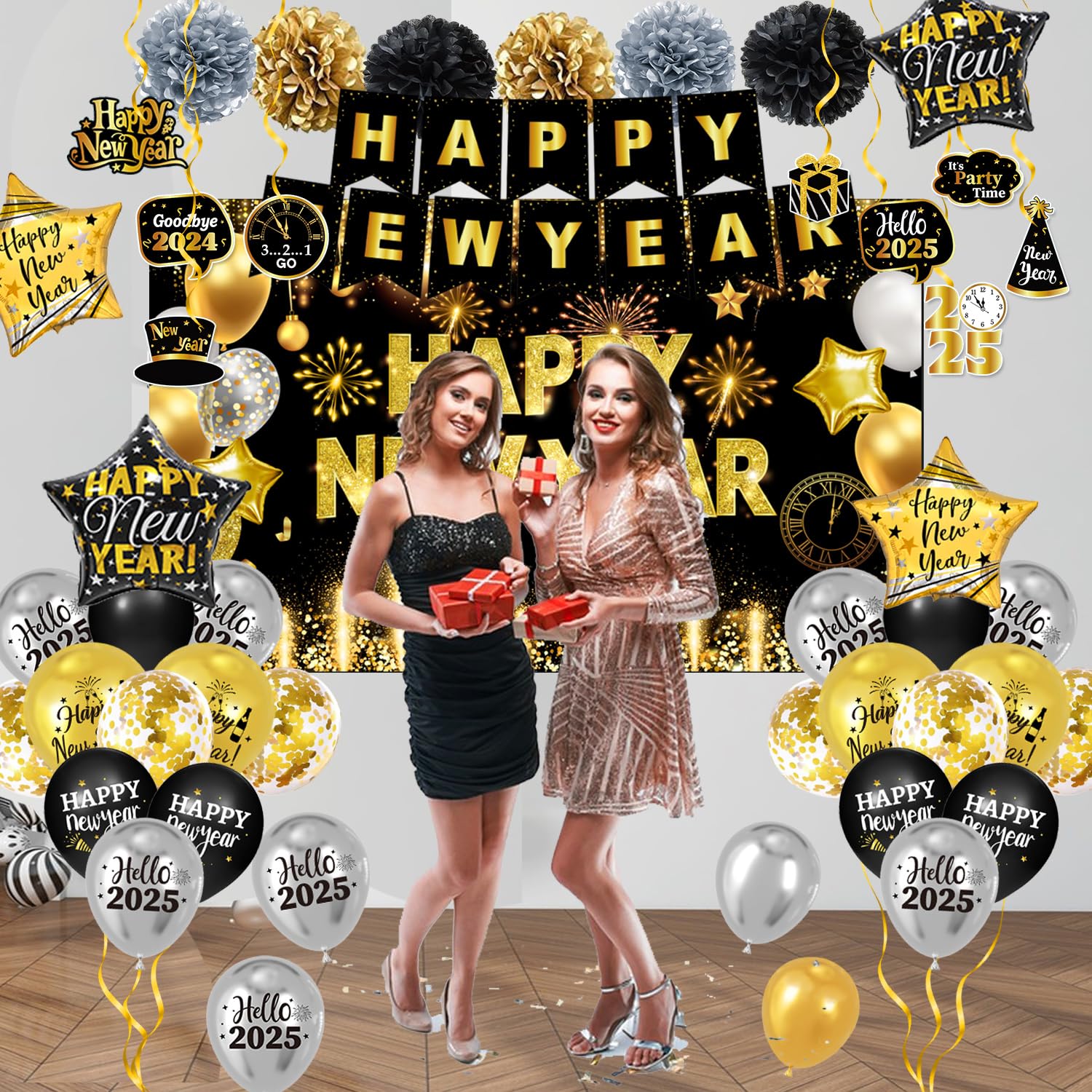 New Years Decorations 2025 - New Years Eve Party Supplies Include Banner, Backdrop, Hanging Swirls, Porch Sign, Paper Pompoms, Balloons, Foil Number 2025 for Happy New year Decorations