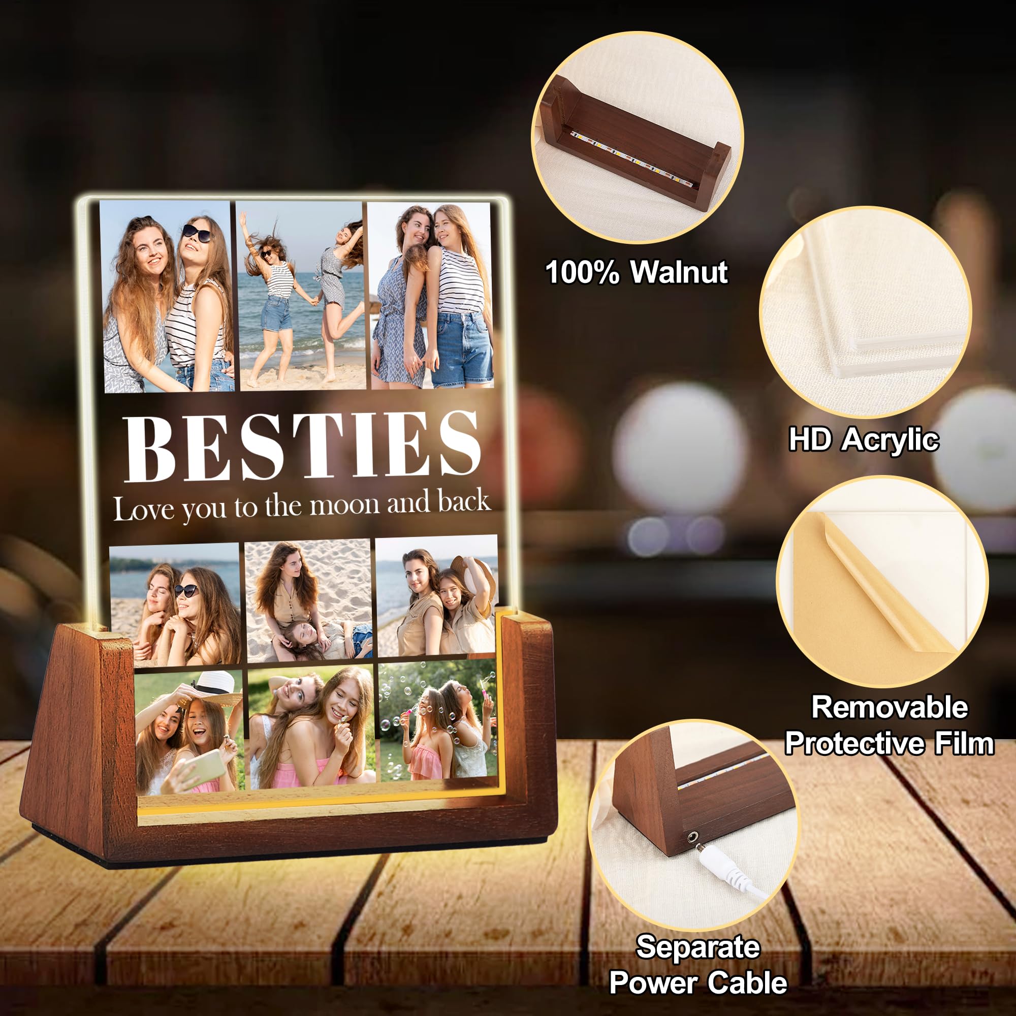 Best Friend Birthday Christmas Gifts For Women, Personalized BFF Light Up Picture Frame, Besties Gifts Acrylic Plaque With Photo Name, Custom Friendship Memories Souvenir Gift For Sister Besties