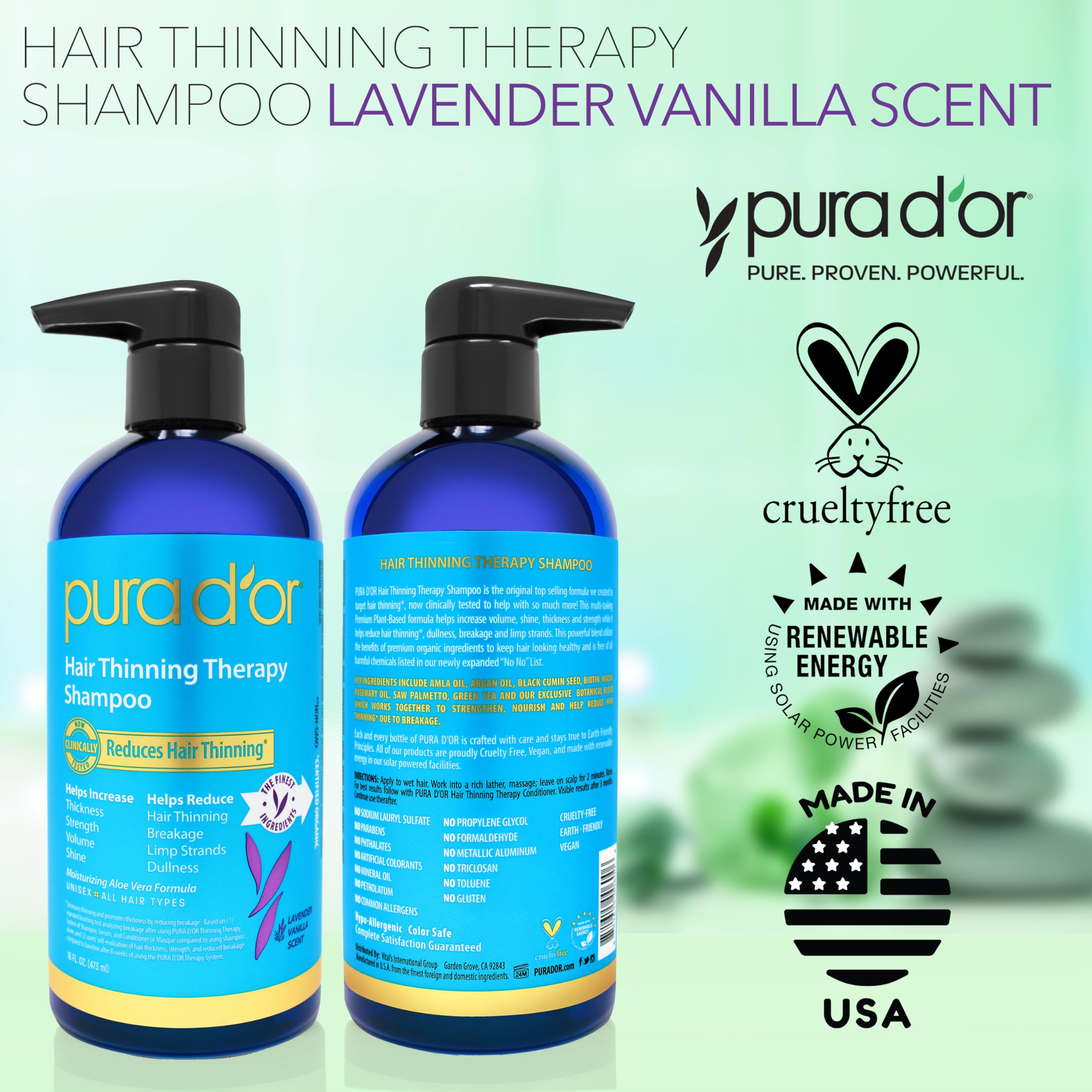 PURA D'OR Hair Thinning Therapy Biotin Shampoo - CLINICALLY TESTED Effective Results, Herbal Blend Hair Thickening Products Women & Men, Color Safe Routine Shampoo, LAVENDER VANILLA Scent 16 Oz