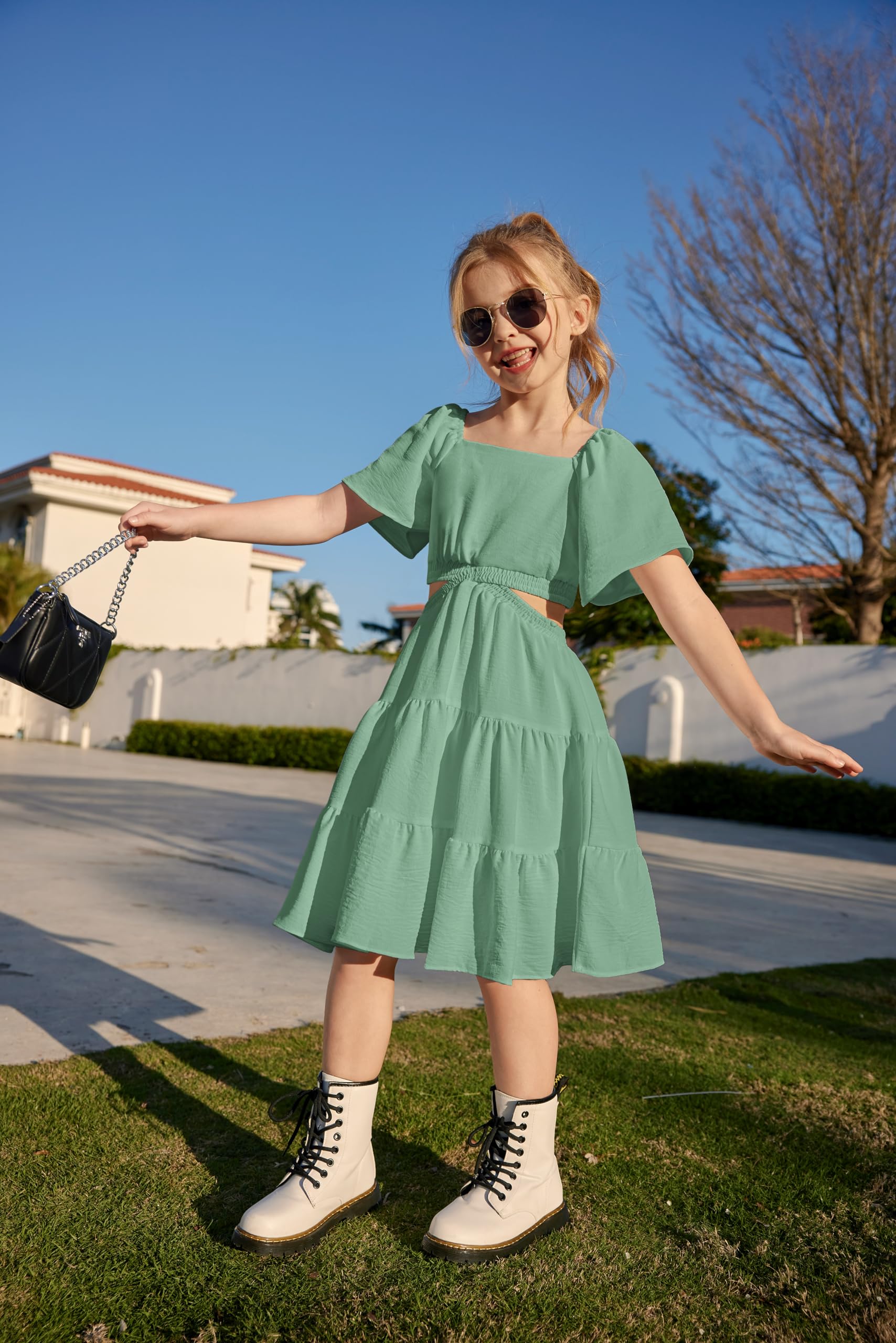 Arshiner Girls Dresses Cut Out Shirred Ruffle Hem Easter Summer First Commuinon Sage Green Dress Size 14