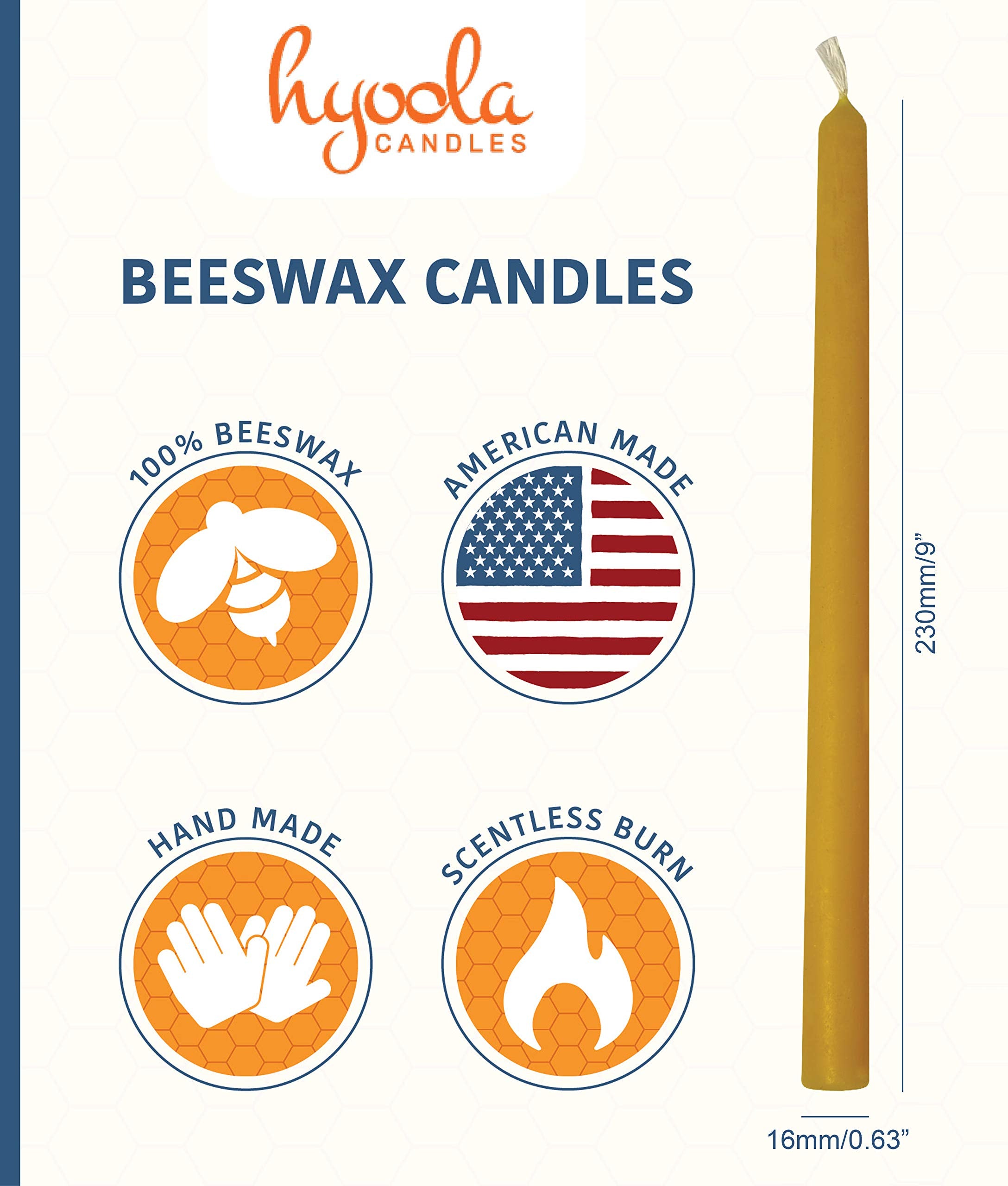 Hyoola 9 Inch Beeswax Taper Candles 12 Pack – Handmade, All Natural, 100% Pure Unscented Bee Wax Candle - Tall, Decorative, Golden Yellow – 5 Hour Burn Time