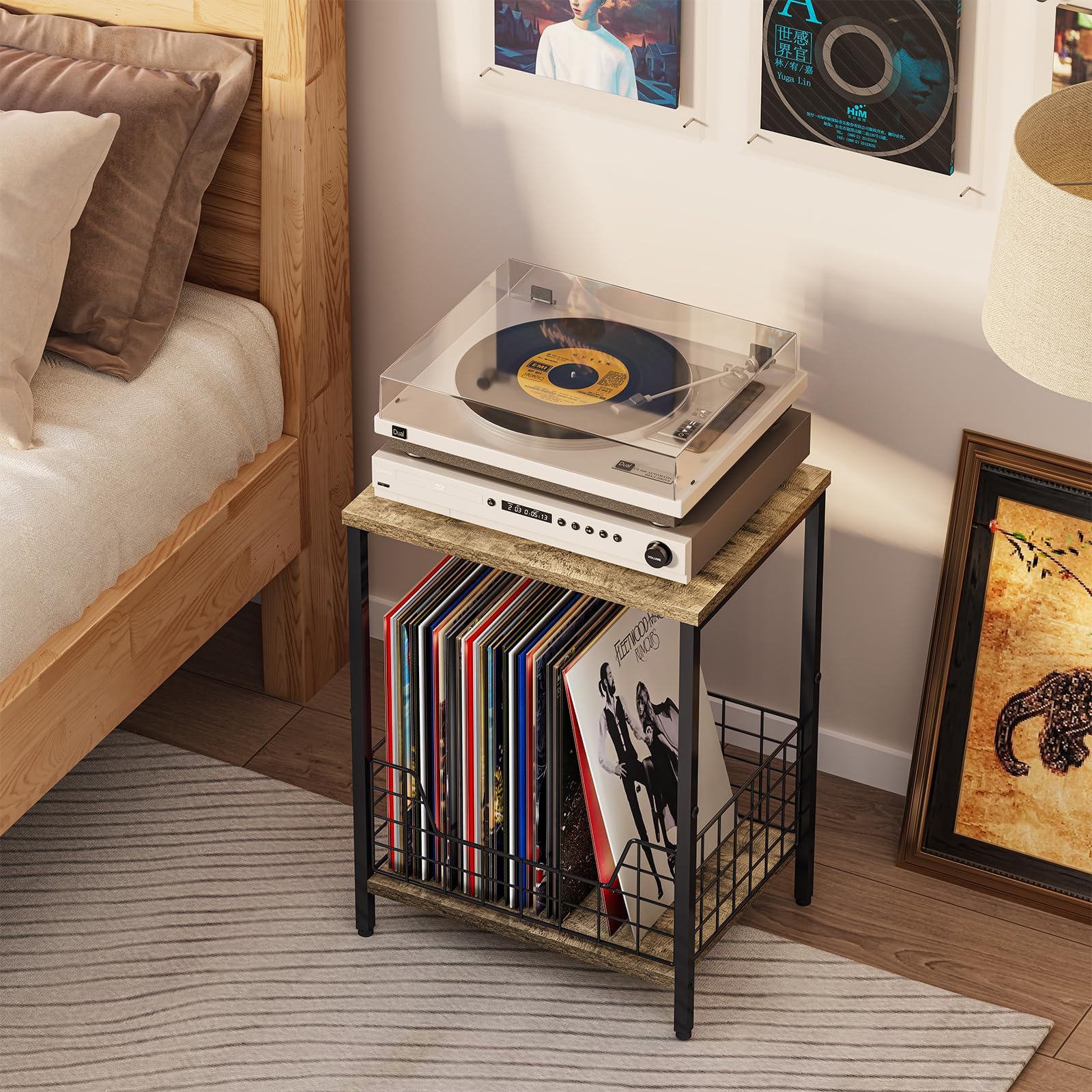 X-cosrack 2-Tier Record Player Table, Industrial Retro Side Table Nightstand Small for Living Room Bedroom Kitchen Office Small Spaces, Record Player Stand with Record Album Storage-Rustic Brown
