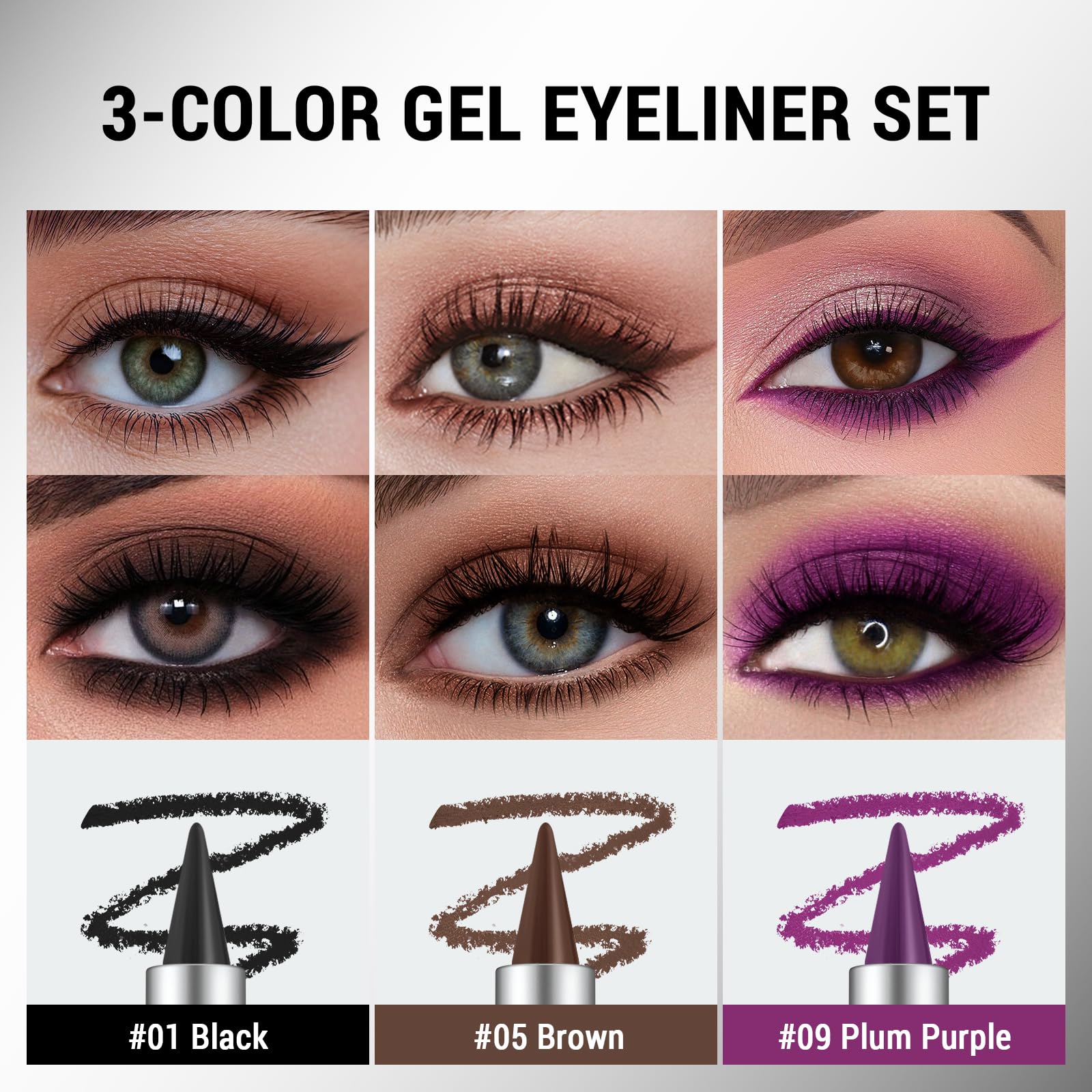 Noerrors 3pcs Black Brown Plum Matte Gel Eyeliner Pencil Set, Waterproof Smudge Proof Smoky Waterline Eyeliner Crayon for Winged Liner Goth Makeup, Cream delineador de ojos&Eyeshadow for Older Women