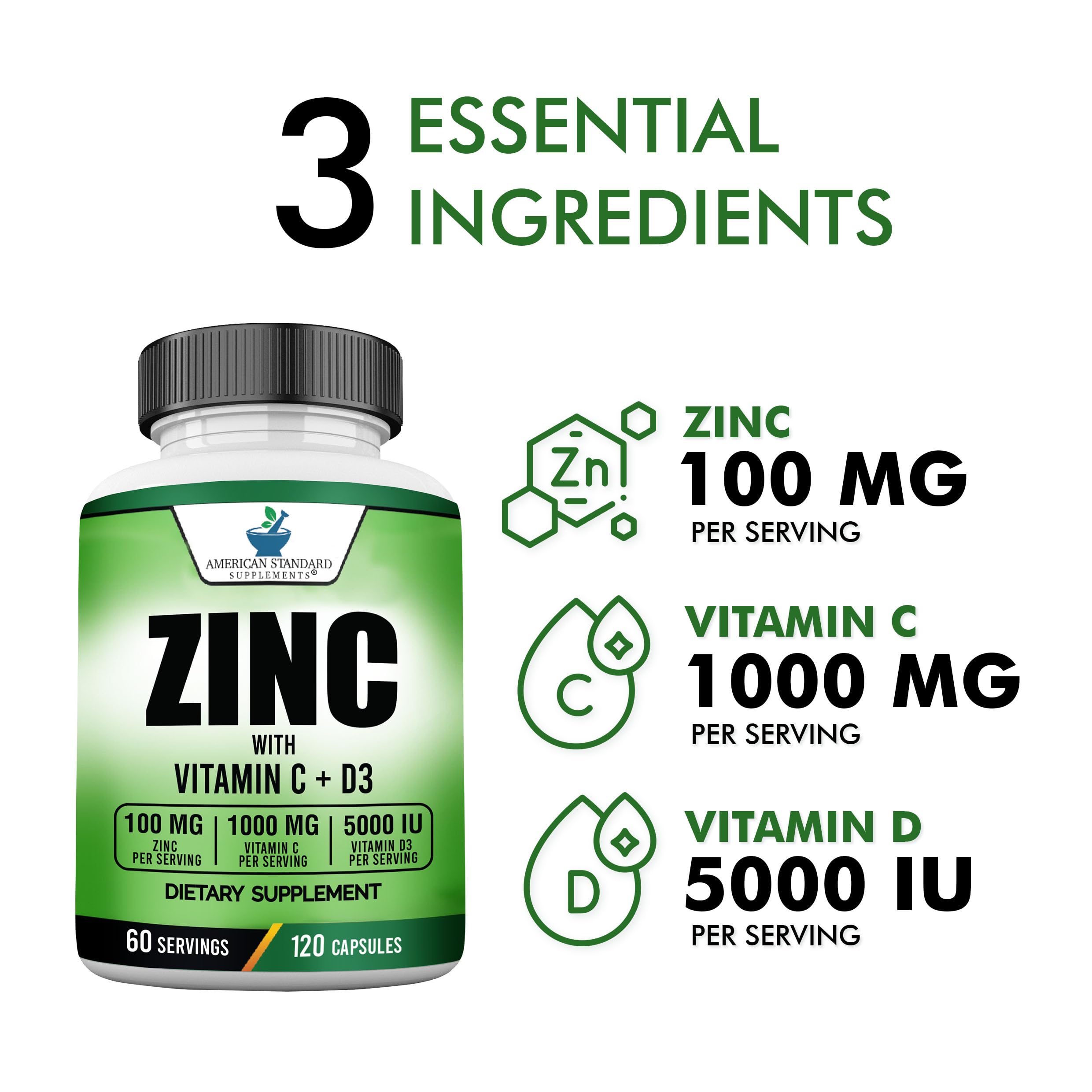 American Standard Supplements Zinc 100mg, Vitamin C 1000mg, and Vitamin D3 5000 IU (125mcg) Per Serving - Gluten Free, Non-GMO, 120 Capsules, 60 Servings