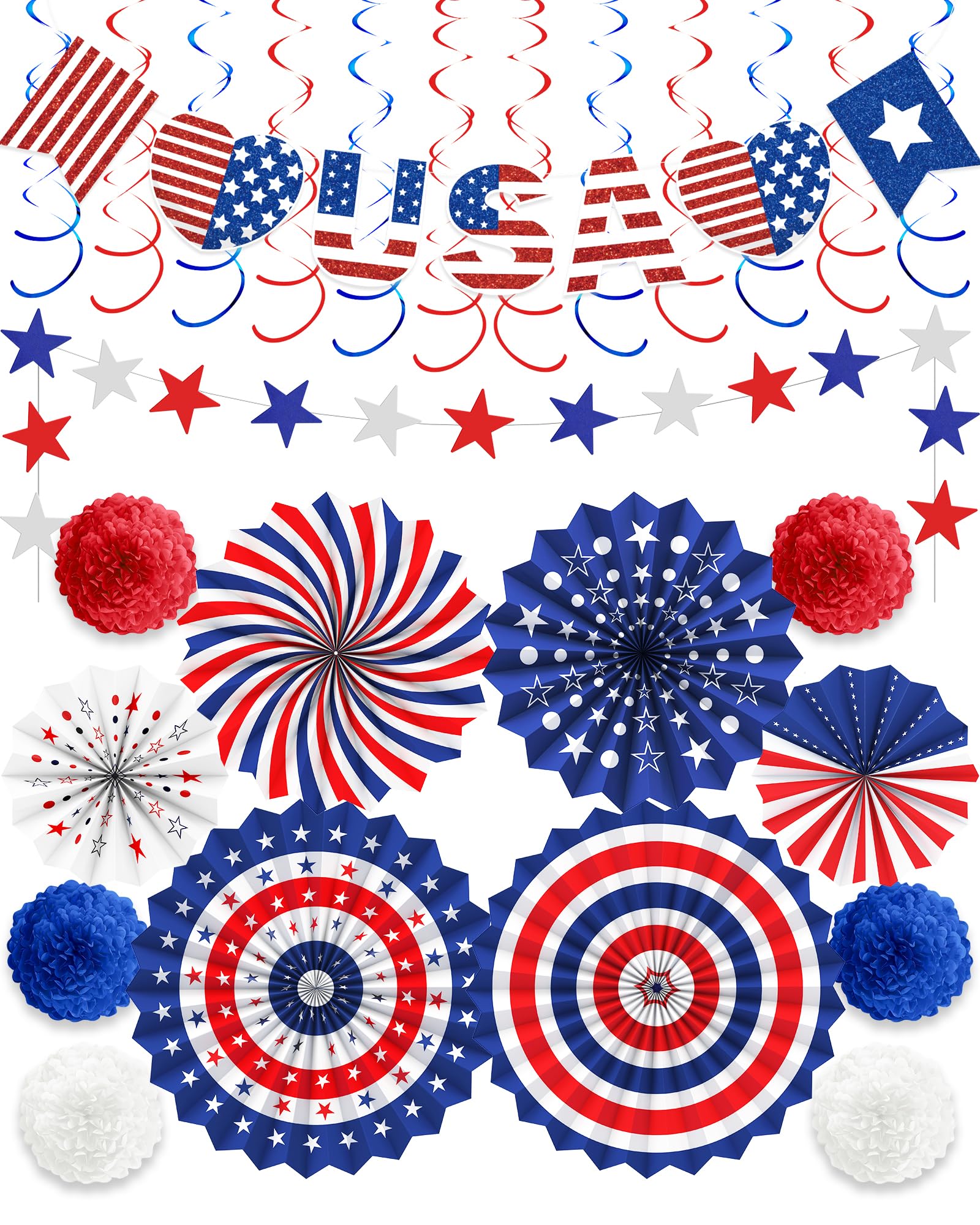 26 Pcs 4th of July Decorations Outdoor, Patriotic Decorations LOVE USA Banner Red White Blue Paper Fans Hanging Swirls Pompoms Independence Day Decor for Memorial Day, Fourth of July, Labor day