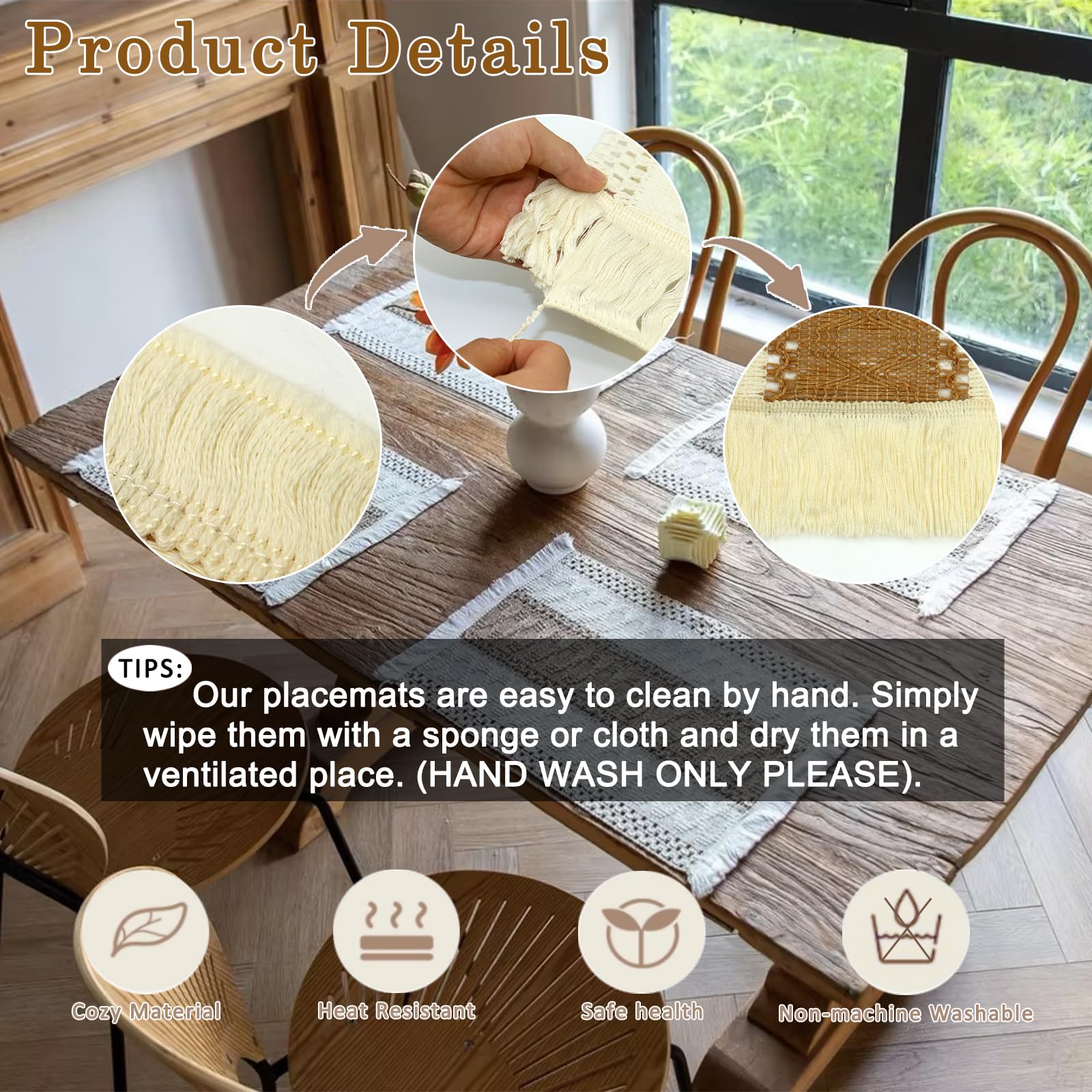 Maxsolve Boho Placemats and Cork Coasters Pack of 4,Natural Cotton Burlap Place Mats and Cork Coasters, Macrame Table Decor Dining Table Home Kitchen Décor for Party,Birthday,Anniversary and More