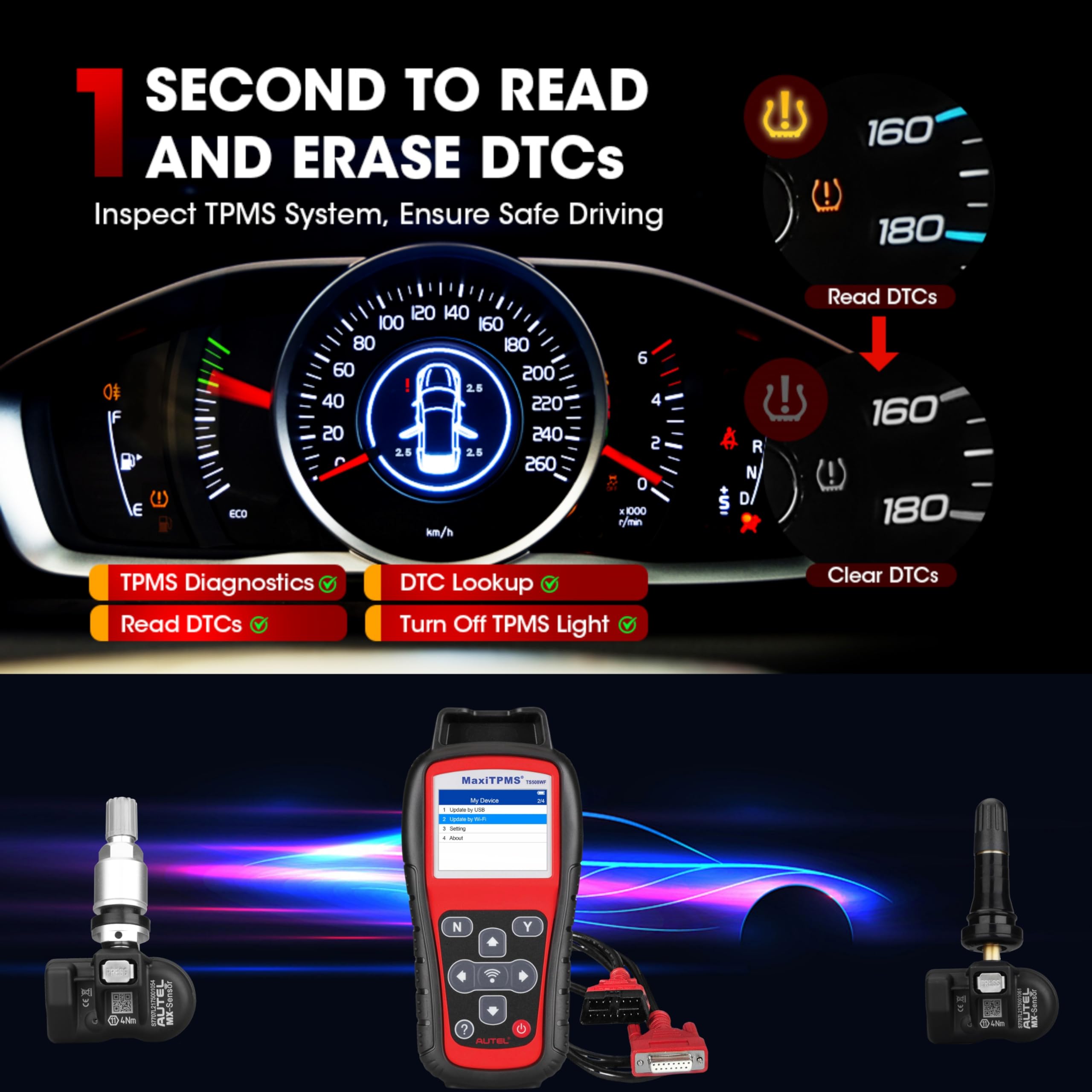 Autel MaxiTPMS TS508WF Complete with 4 pcs Duel Frequency Rubber MX Sensor, MX Sensor Programming TPMS Diagnostic OBD Relearn Activate Read Copy TPMS Sensor Read/Clear TPMS DTCs, Free Lifetime upgrate