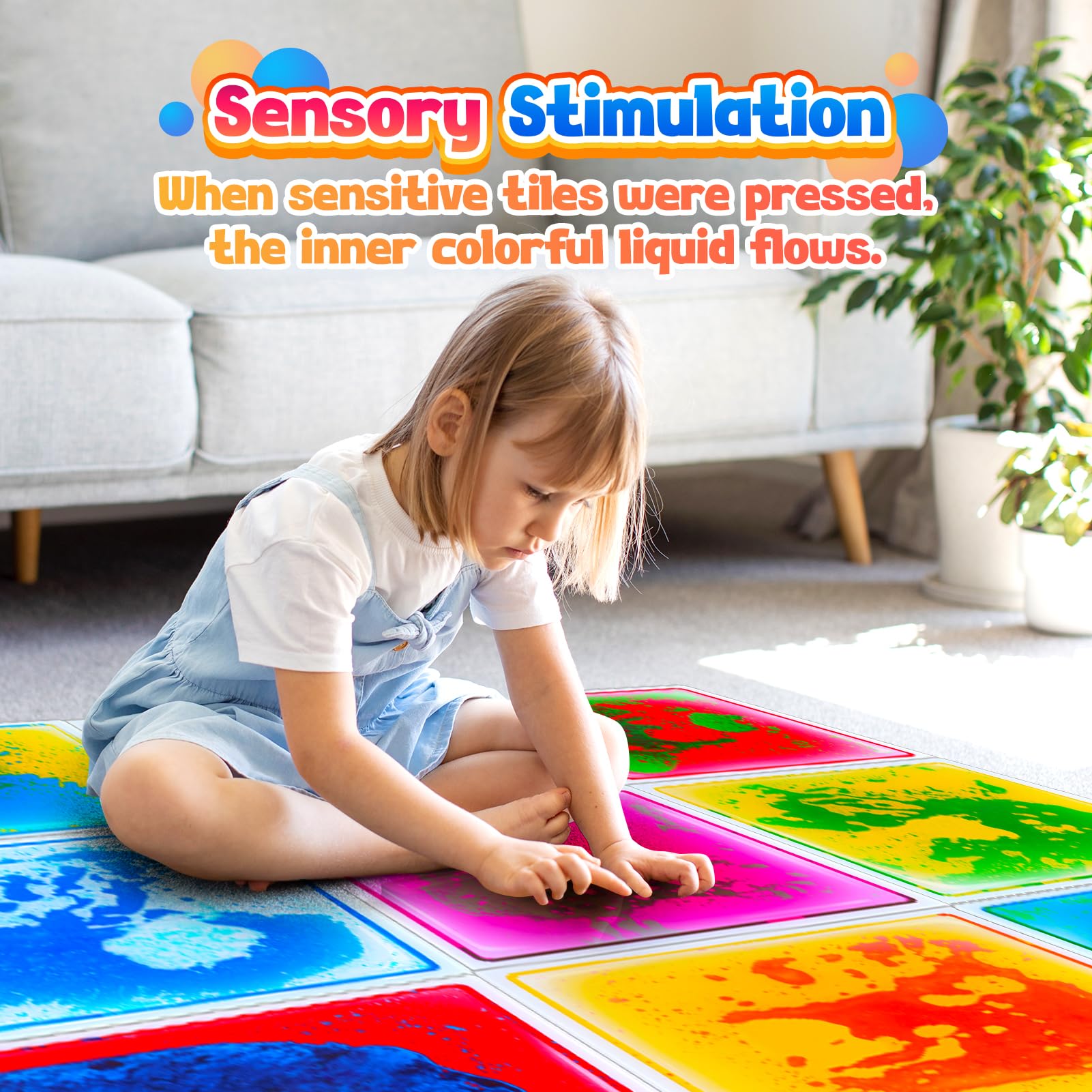 Sensory Floor Tiles: Liquid Play Mats Sensory Pads for Kids Toddlers, 9PCS Autism Sensory Toys, 12"x12" Lava Tiles for Dancing Learning, Special Education Classroom Must Haves, Gross Motor Development